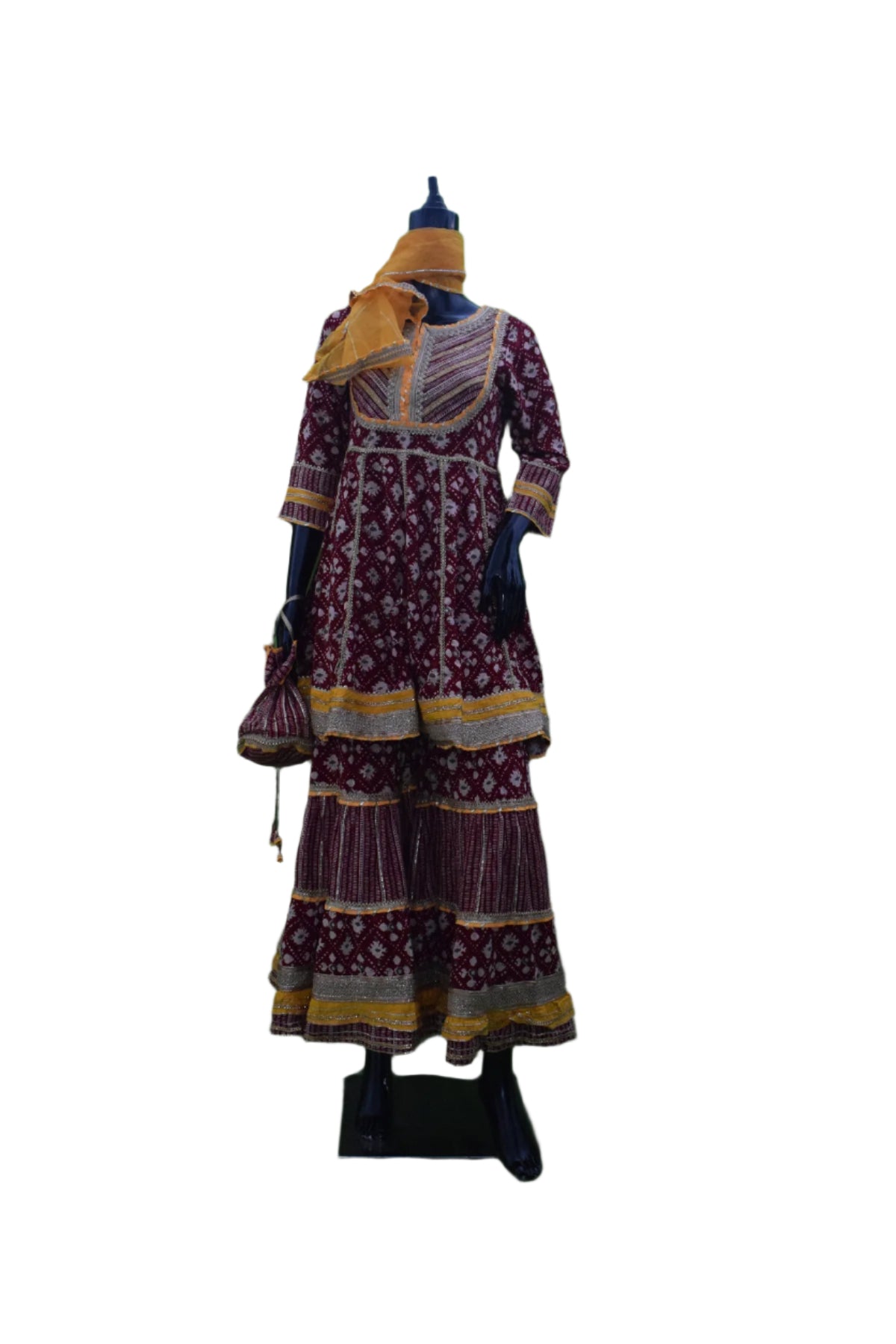 Silakaari Women's Maroon & Yellow Heavy Gotta Patti Full Garara Set With Potli
