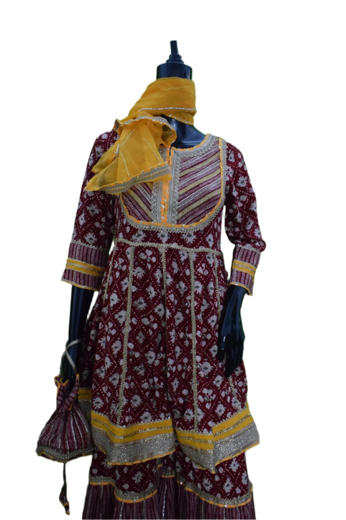 Silakaari Women's Maroon & Yellow Heavy Gotta Patti Full Garara Set With Potli