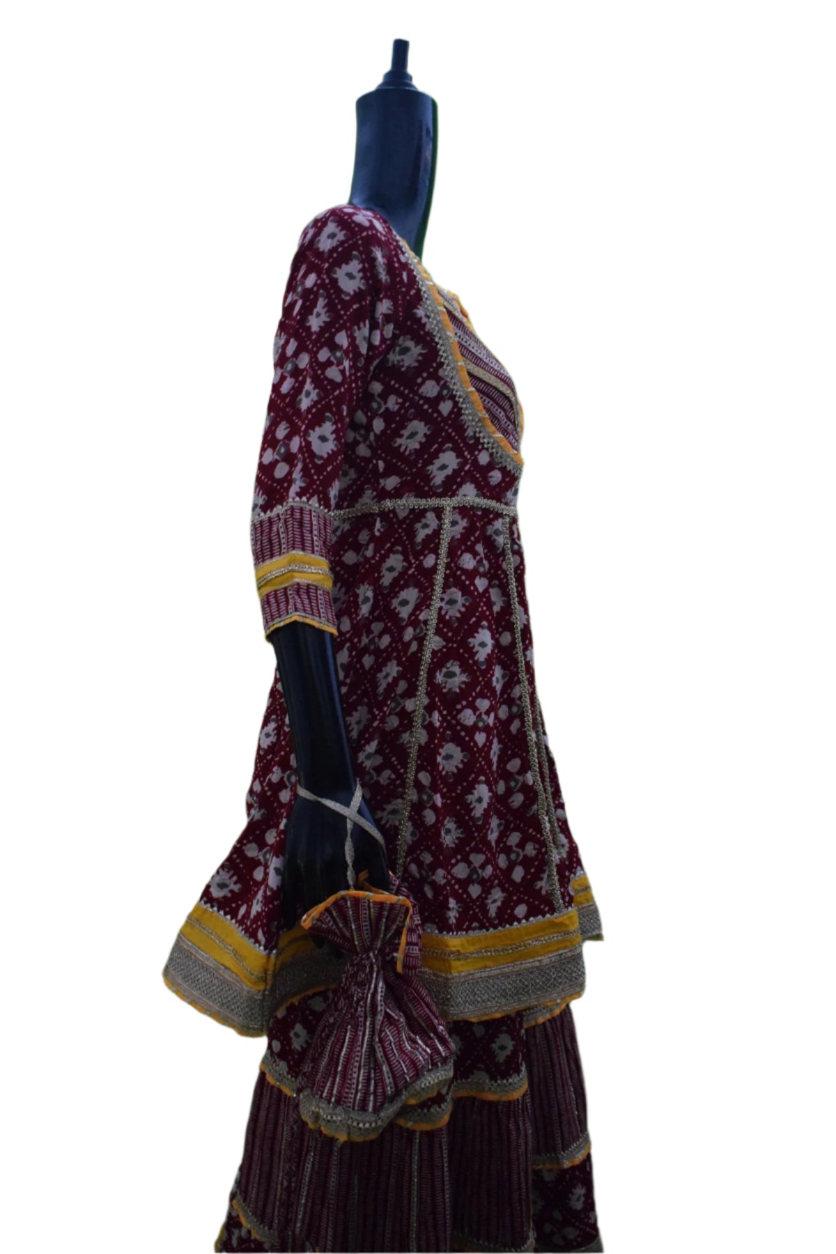 Silakaari Women's Maroon & Yellow Heavy Gotta Patti Full Garara Set With Potli