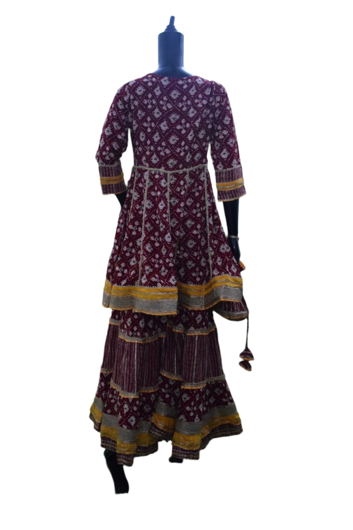Silakaari Women's Maroon & Yellow Heavy Gotta Patti Full Garara Set With Potli