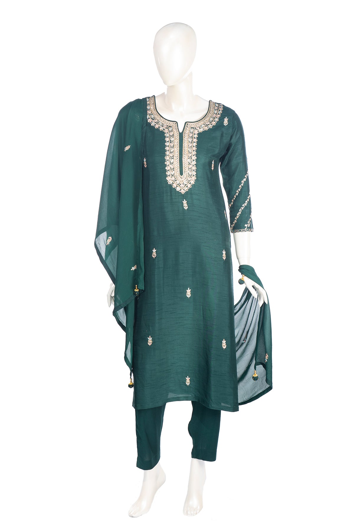 Silakaari Pure Hand-work festive Dark Green Kurti Pant Set
