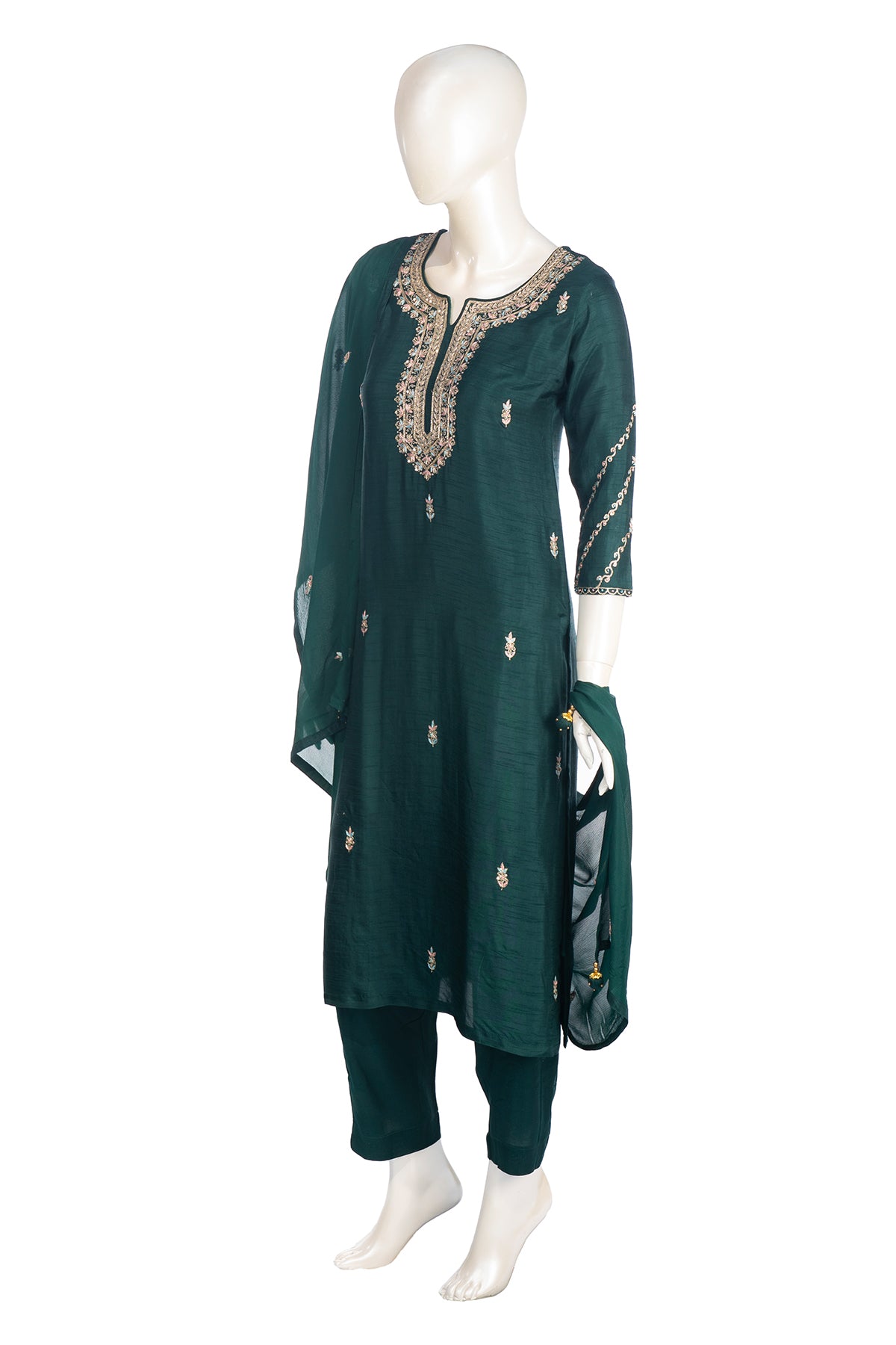 Silakaari Pure Hand-work festive Dark Green Kurti Pant Set