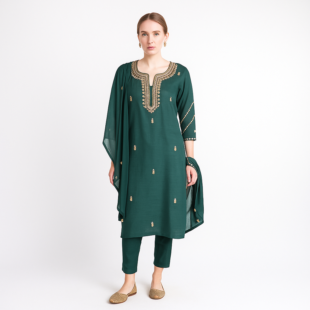 Silakaari Pure Hand-work festive Dark Green Kurti Pant Set