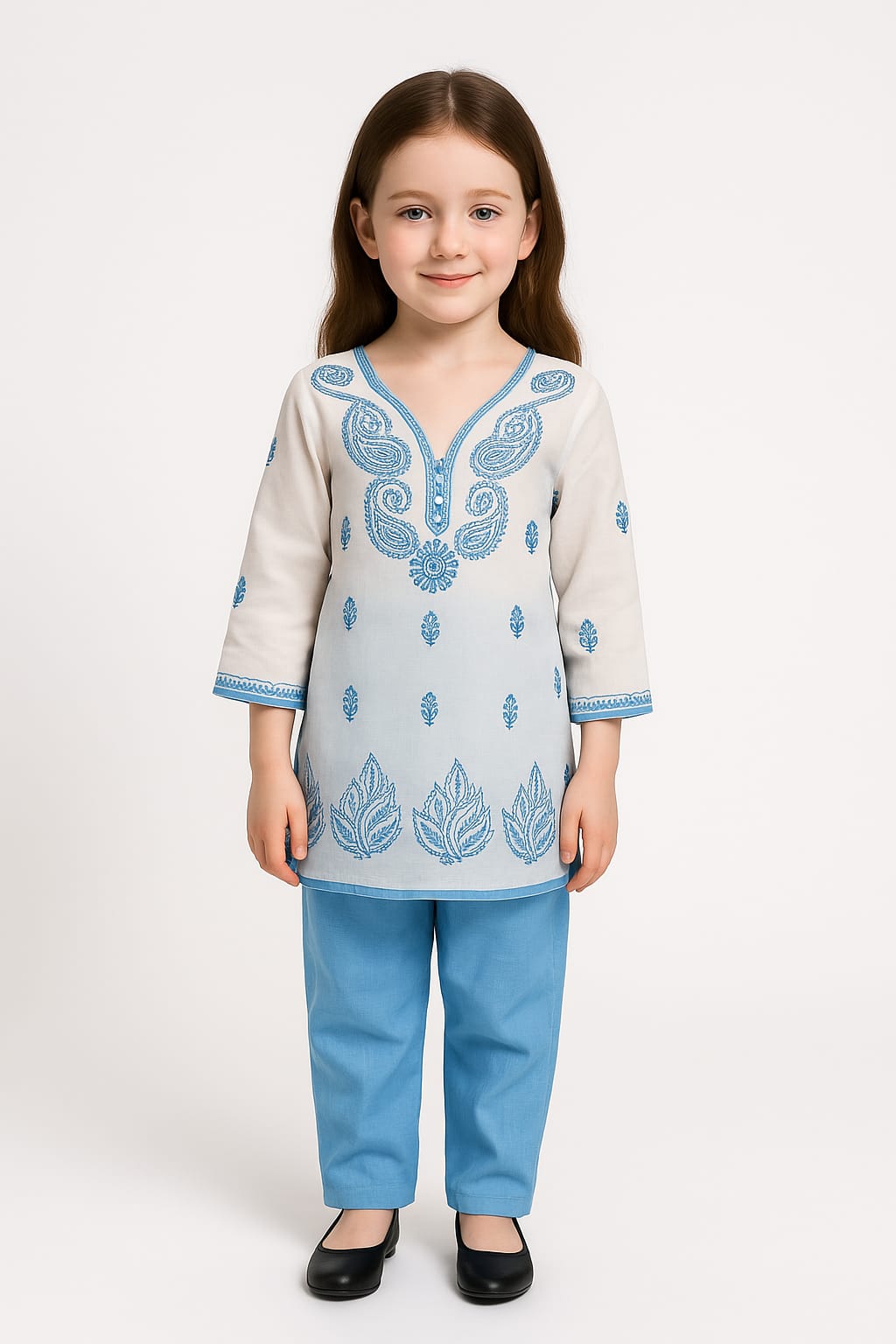 Silakaari Kids Pure Cotton Chikan Lucknowi Kurta Pajama Set For Girls