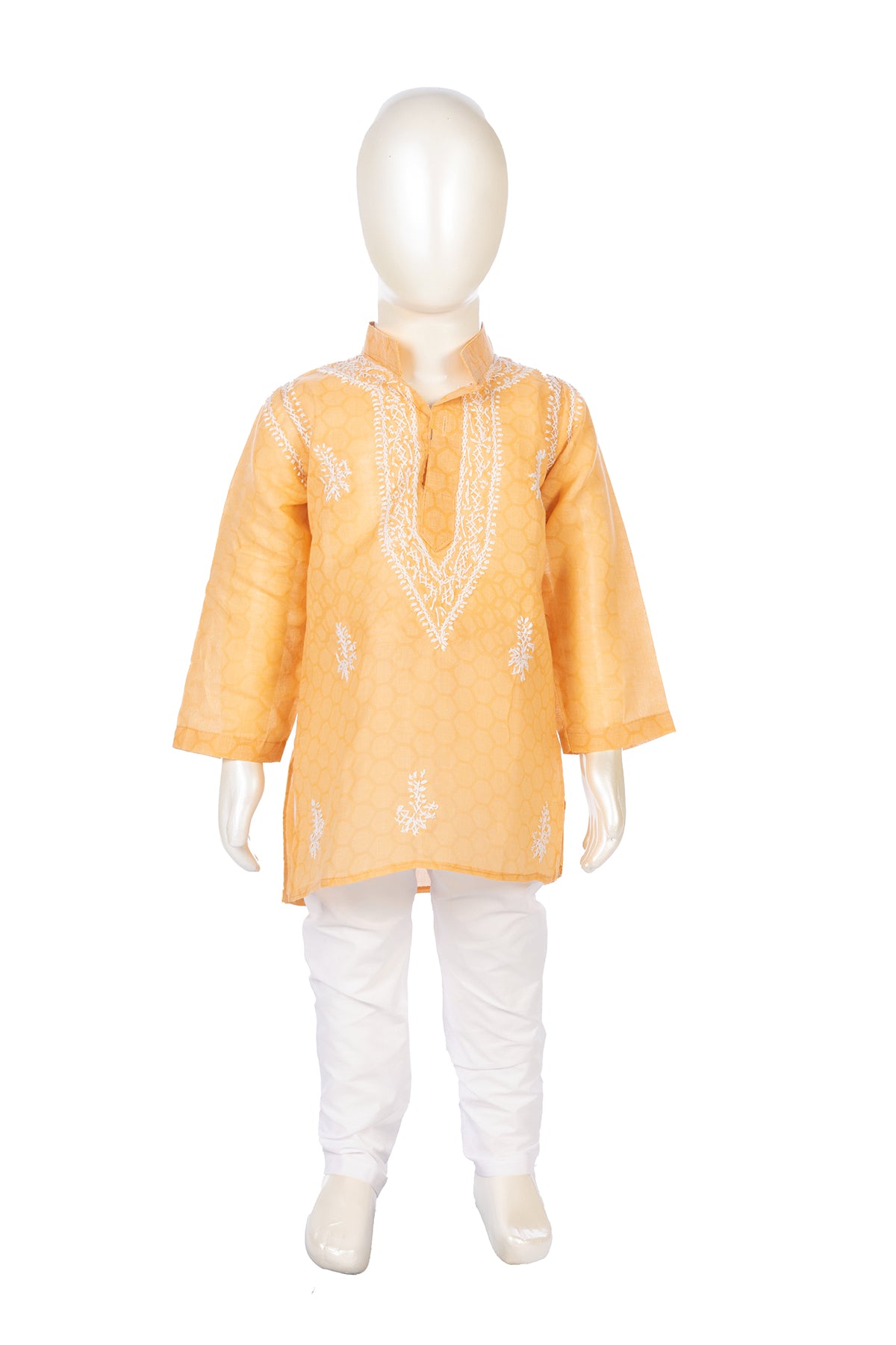 Silakaari Aarav Beige-White Pure Lucknowi Chikankari Kurta Pyjama Set For Boys