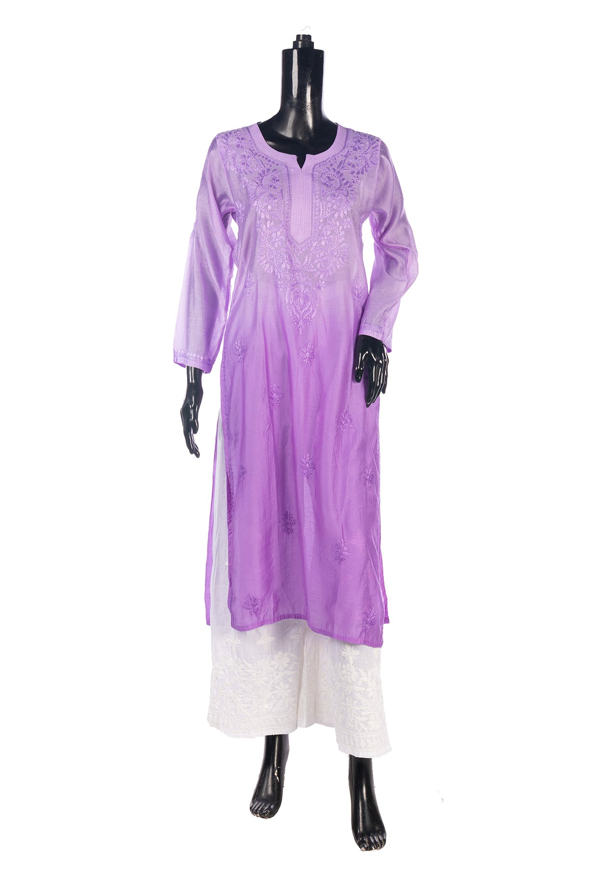 Silakaari Women's Blaze Pure Chanderi Shaded Lucknowi Premium Long Kurti Palazzo Set