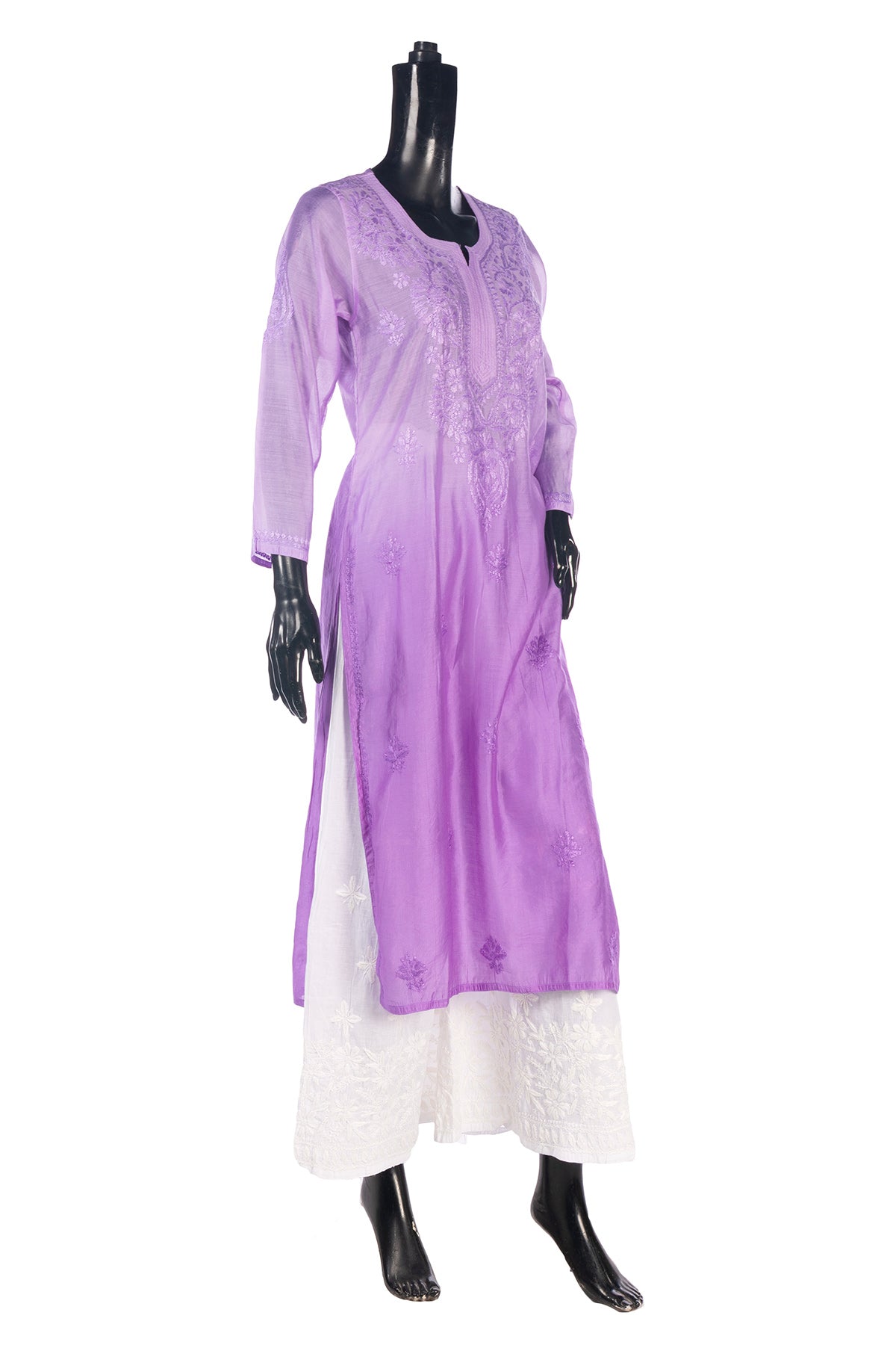 Silakaari Women's Blaze Pure Chanderi Shaded Lucknowi Premium Long Kurti Palazzo Set