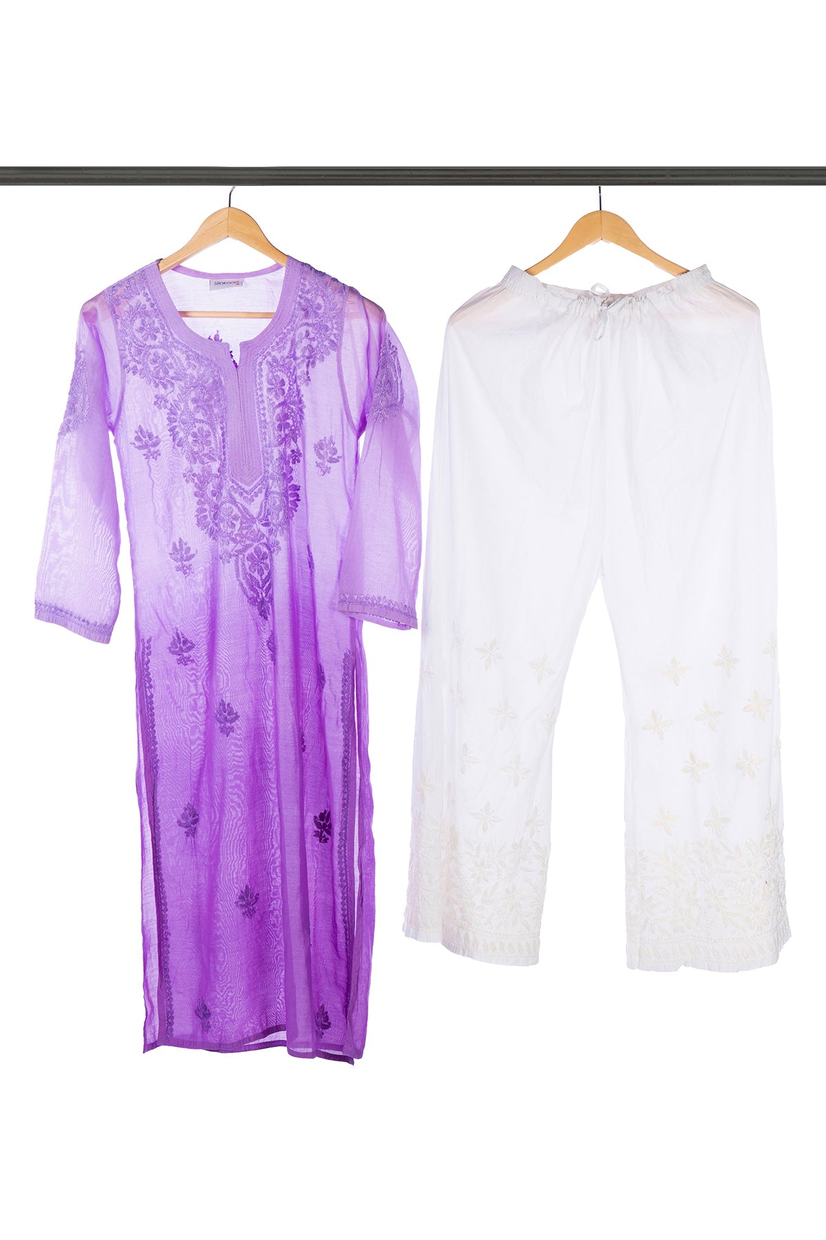 Silakaari Women's Blaze Pure Chanderi Shaded Lucknowi Premium Long Kurti Palazzo Set