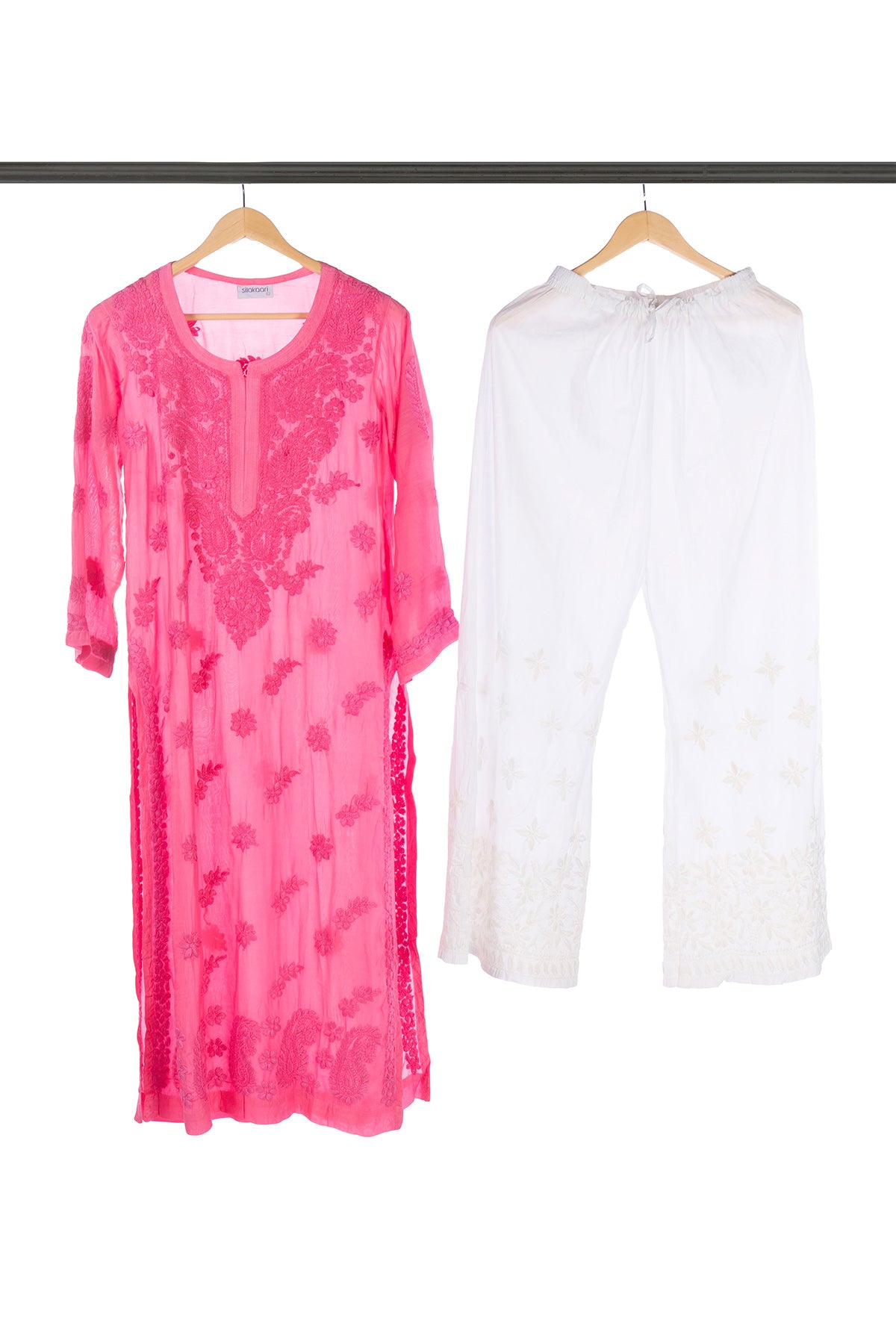 Silakaari Pure Muslin Heavy Self Theard Long Lucknowi Premium Kurti Palazzo Set