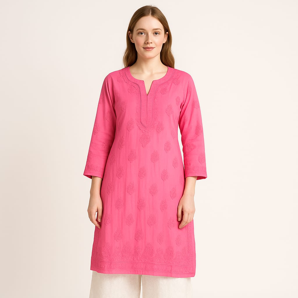 Silakaari Pure Muslin Heavy Self Theard Long Lucknowi Premium Kurti Palazzo Set
