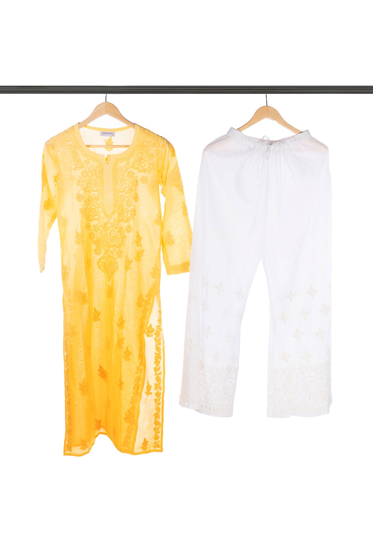 Silakaari Women's Pure Viscose Self Thread Heavy Lucknowi Glance Long Kurti Palazzo Set