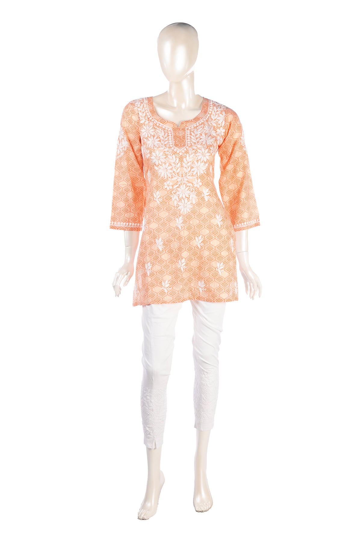 Silakaari Peach Foil Printed Lucknowi Straight Short Kurti With Pant Set