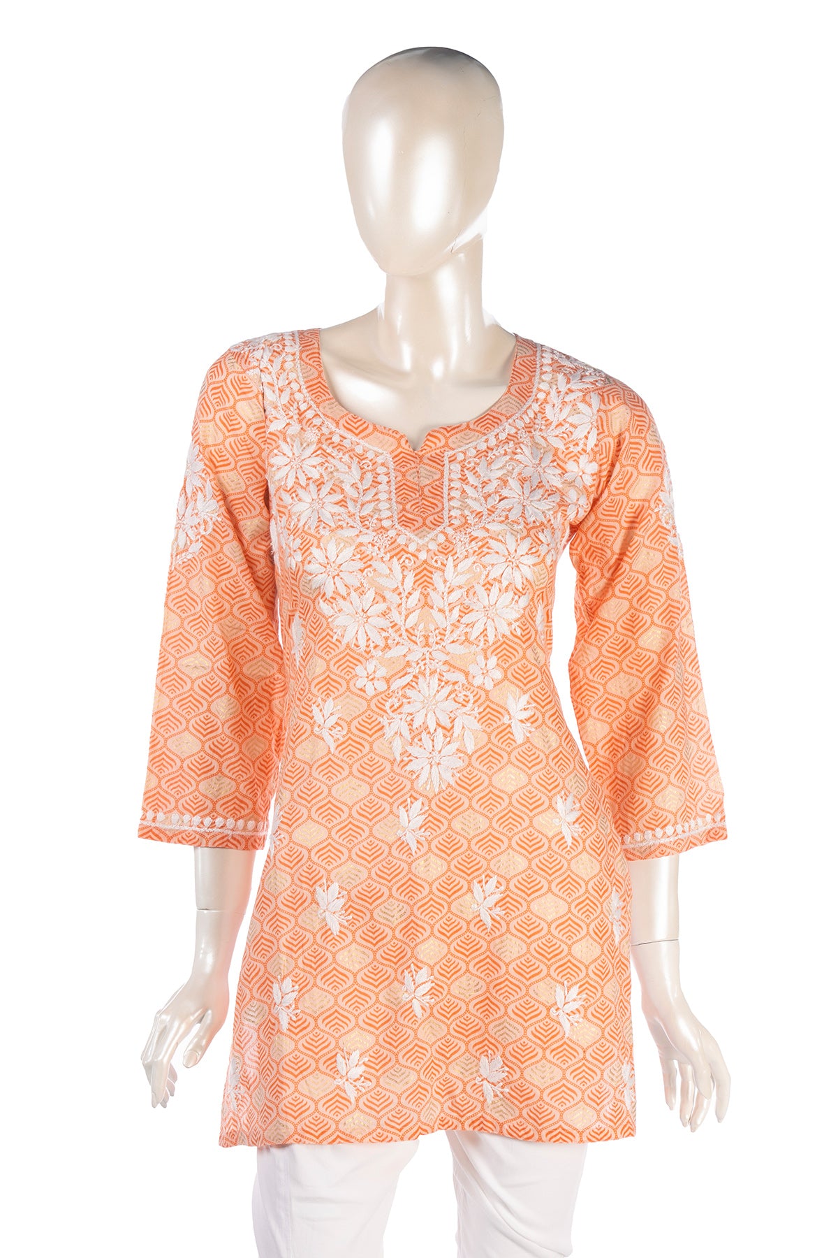Silakaari Peach Foil Printed Lucknowi Straight Short Kurti With Pant Set