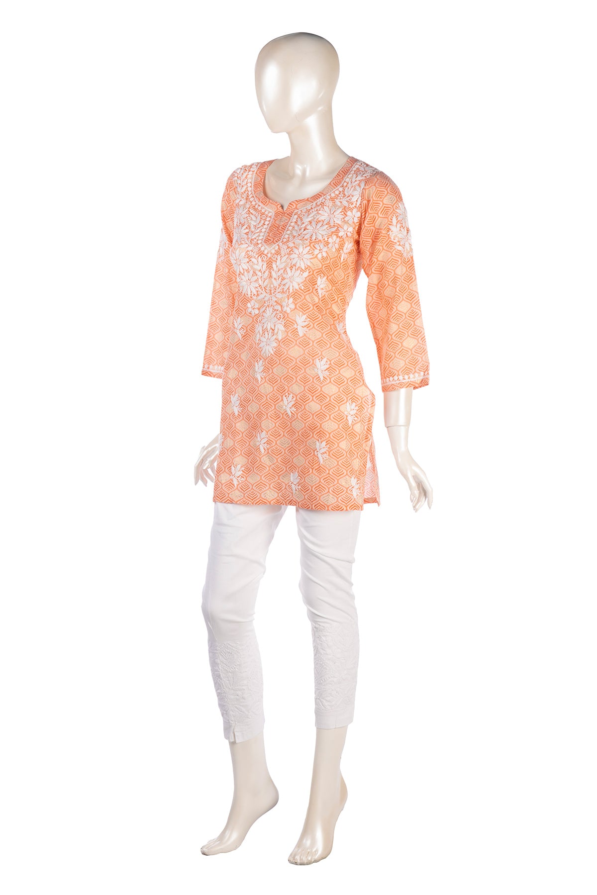 Silakaari Peach Foil Printed Lucknowi Straight Short Kurti With Pant Set