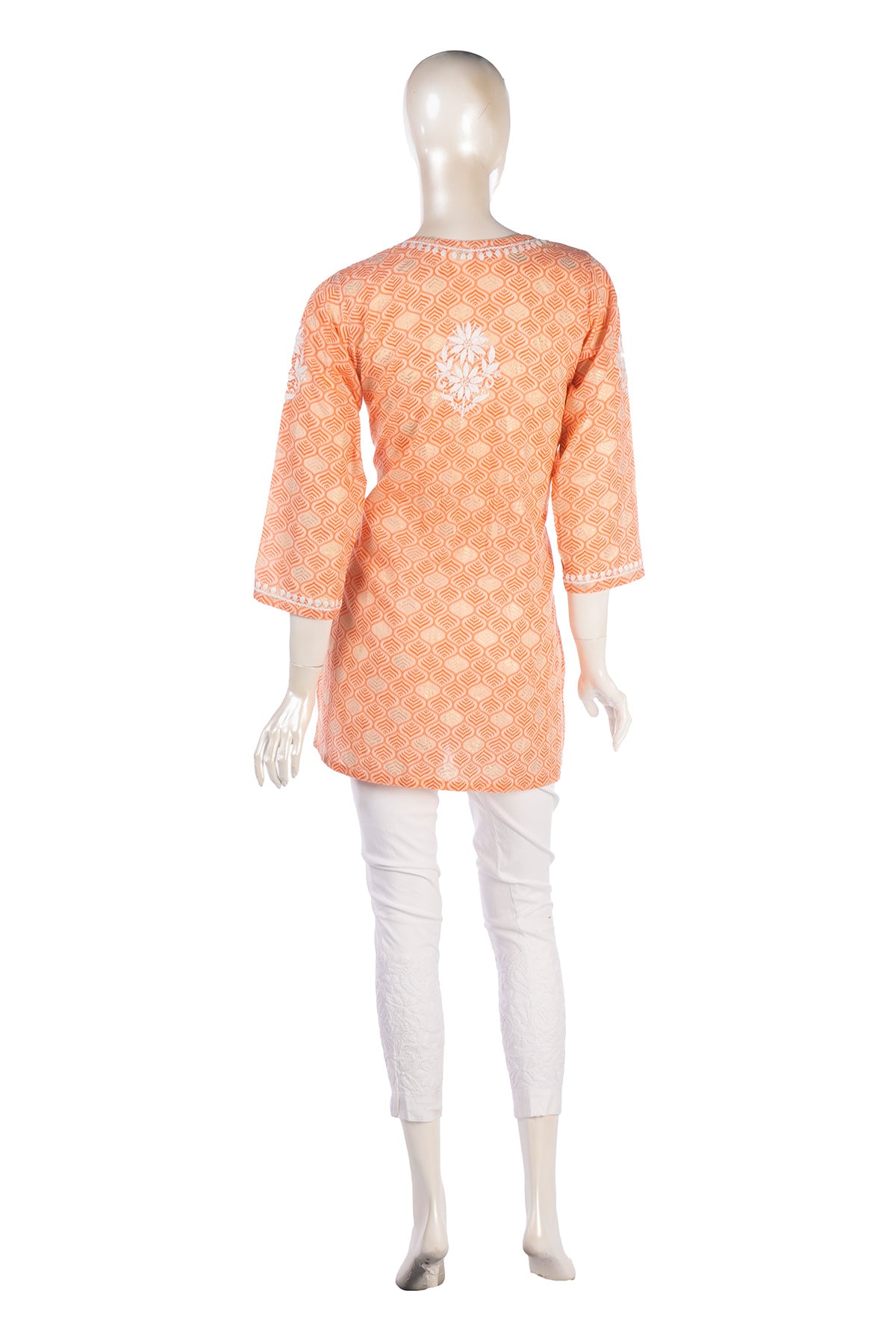 Silakaari Peach Foil Printed Lucknowi Straight Short Kurti With Pant Set
