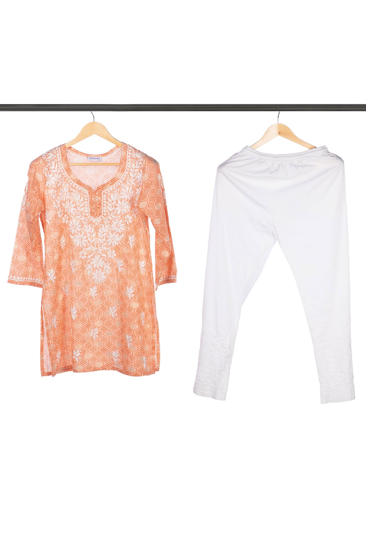 Silakaari Peach Foil Printed Lucknowi Straight Short Kurti With Pant Set