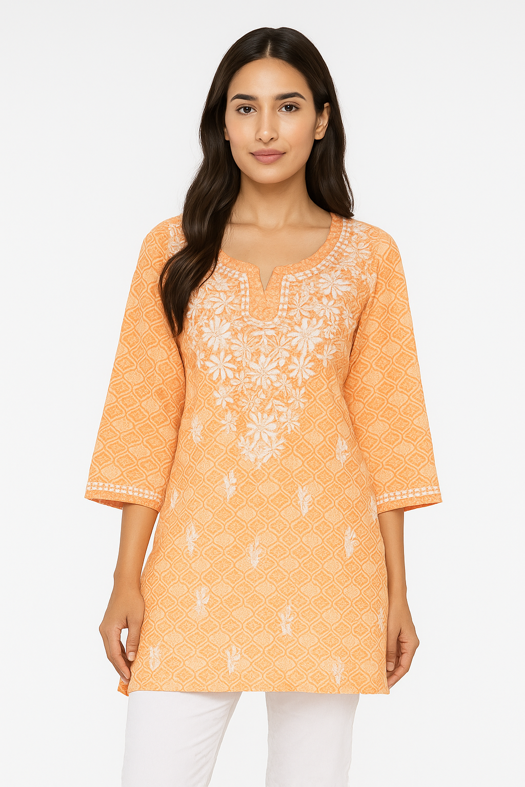 Silakaari Peach Foil Printed Lucknowi Straight Short Kurti With Pant Set