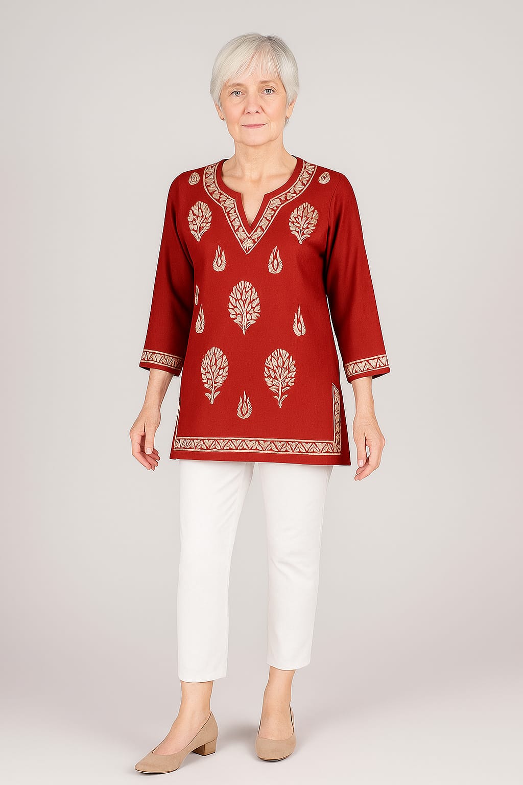Silakaari Pure Muslin Maroon Heavy Lucknowi Straight Short Kurti With Pant Set