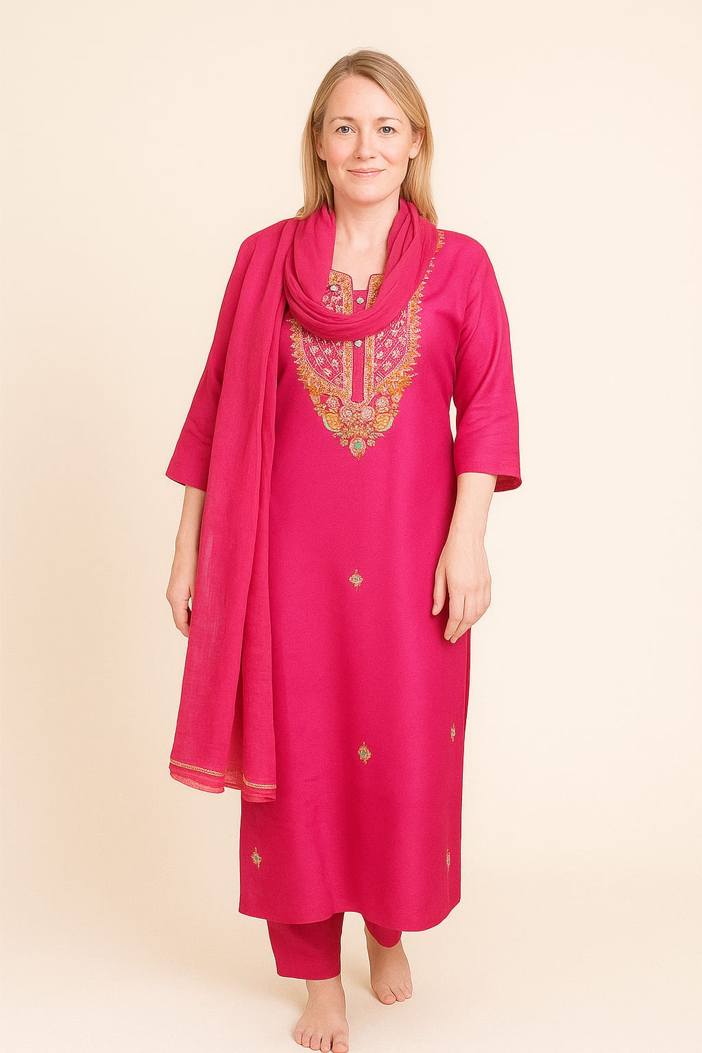 Silakaari Women's Silk Heavy Neckline Theard Moti Floral Embroidered Kurti Pant Dupatta Set