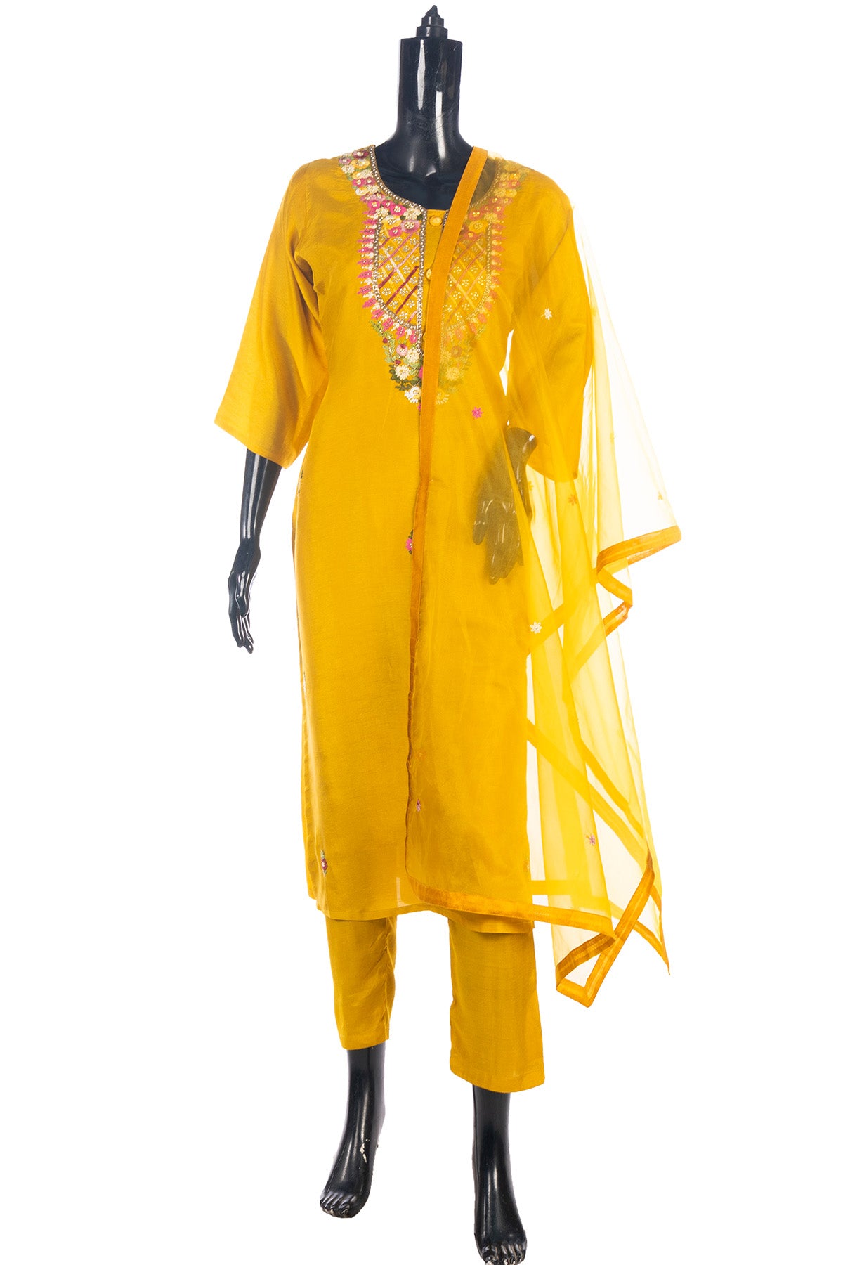 Silakaari Women's Silk Heavy Neckline Theard Moti Floral Embroidered Kurti Pant Dupatta Set