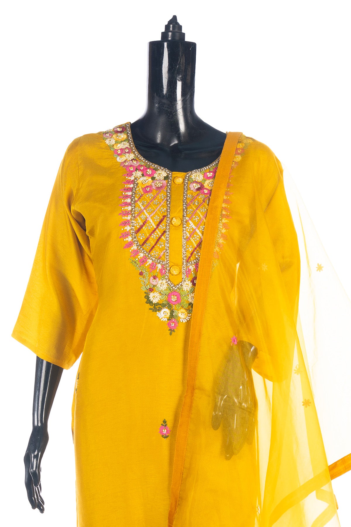 Silakaari Women's Silk Heavy Neckline Theard Moti Floral Embroidered Kurti Pant Dupatta Set