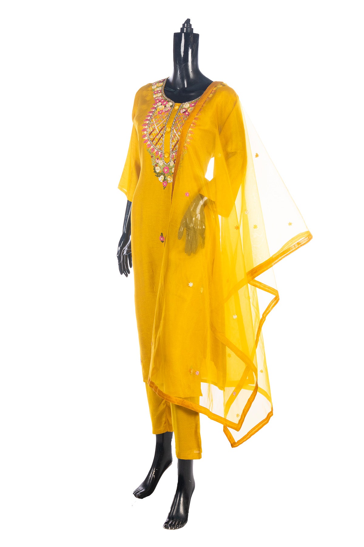 Silakaari Women's Silk Heavy Neckline Theard Moti Floral Embroidered Kurti Pant Dupatta Set