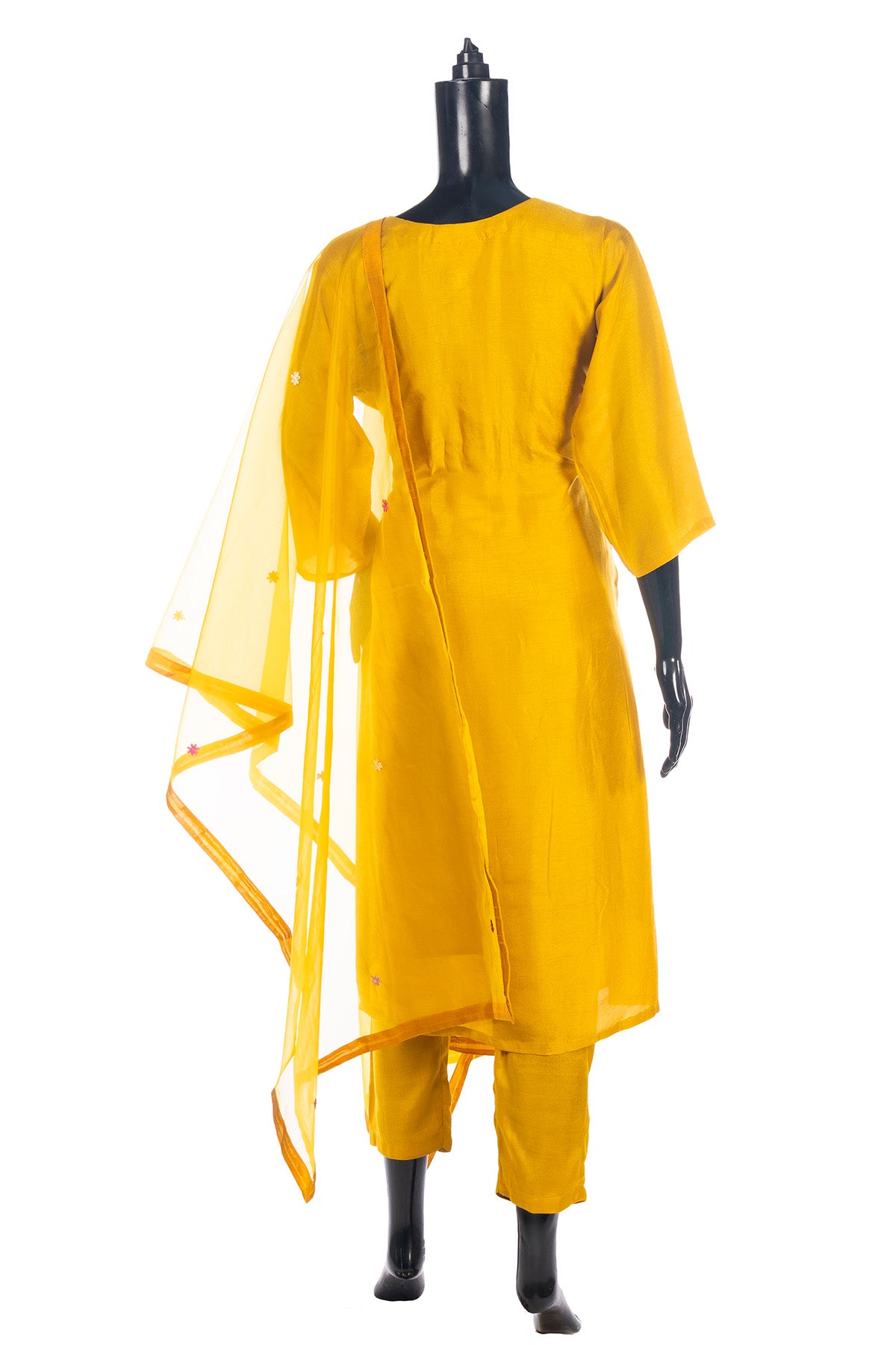 Silakaari Women's Silk Heavy Neckline Theard Moti Floral Embroidered Kurti Pant Dupatta Set