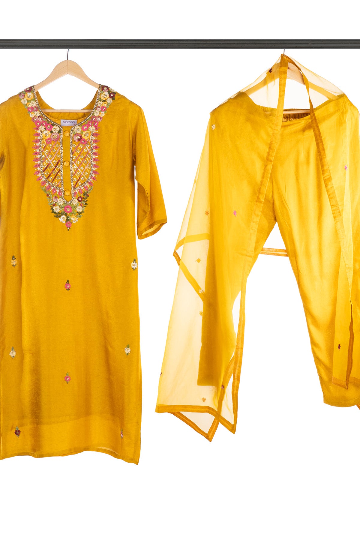 Silakaari Women's Silk Heavy Neckline Theard Moti Floral Embroidered Kurti Pant Dupatta Set