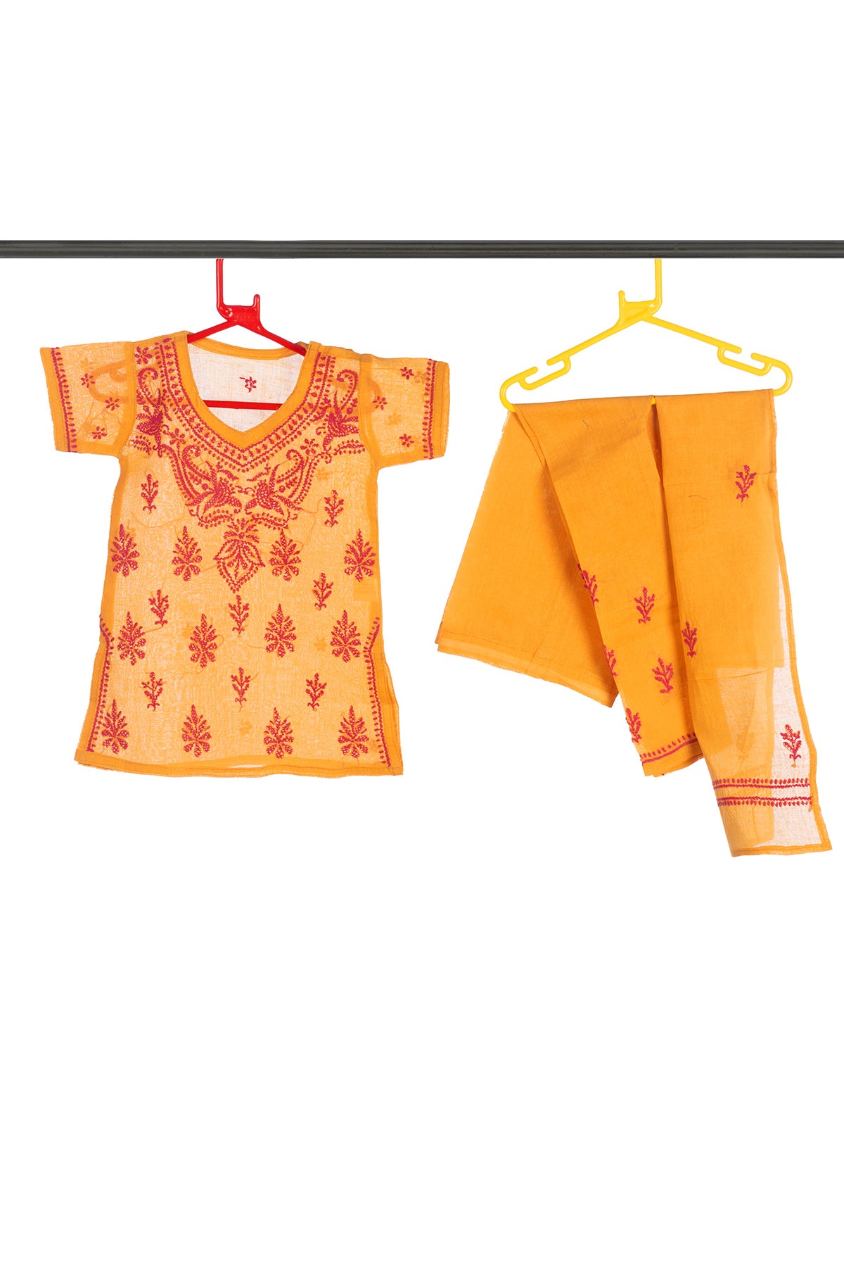Silakaari Maha Peach-Red Pure Cotton Lucknowi ChikanKari Kurti Pant With Dupatta Set For Girls