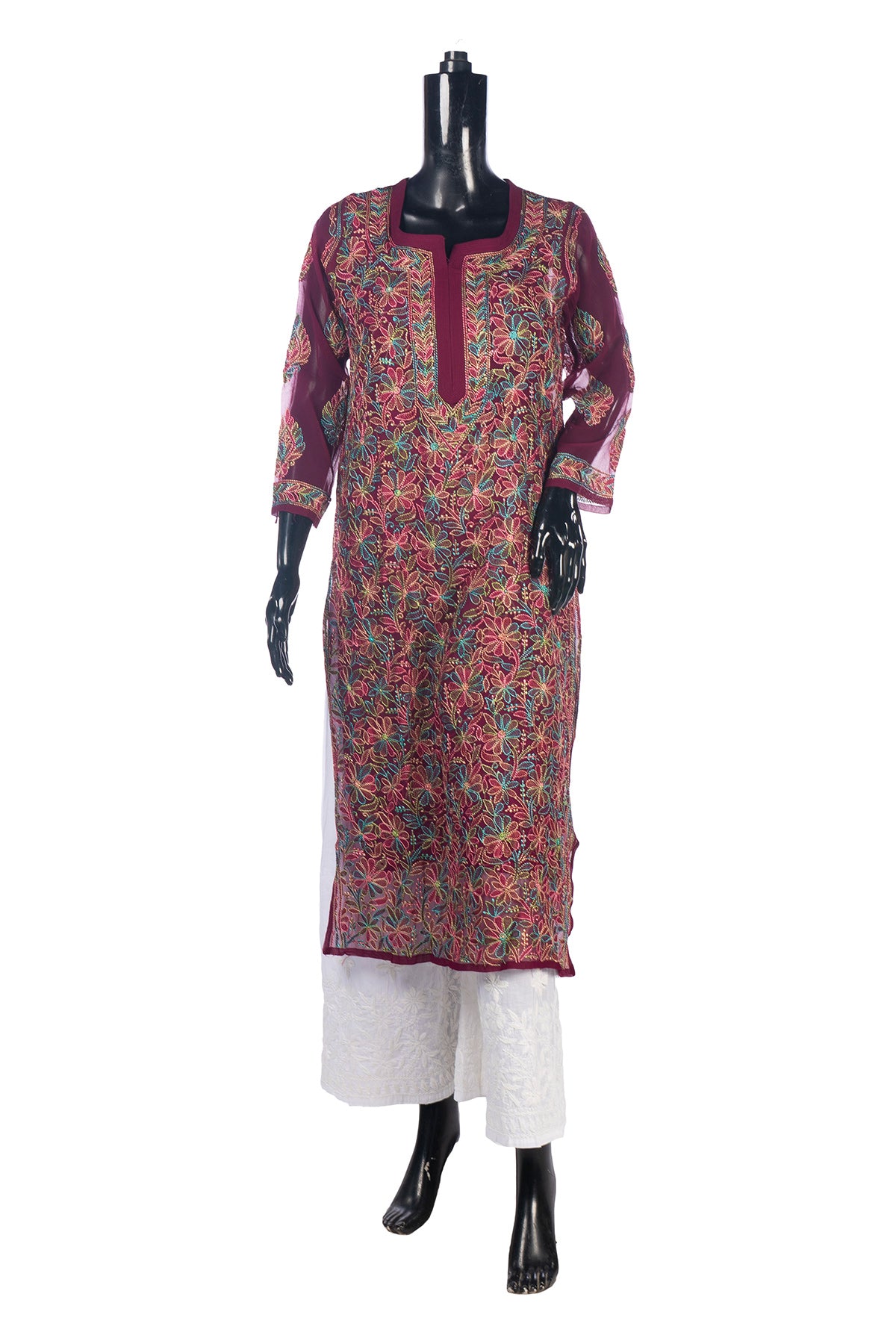 Silakaari Pure Georgette Maroon-Multi Lucknowi Premium Long Kurti Slip With Palazzo Set