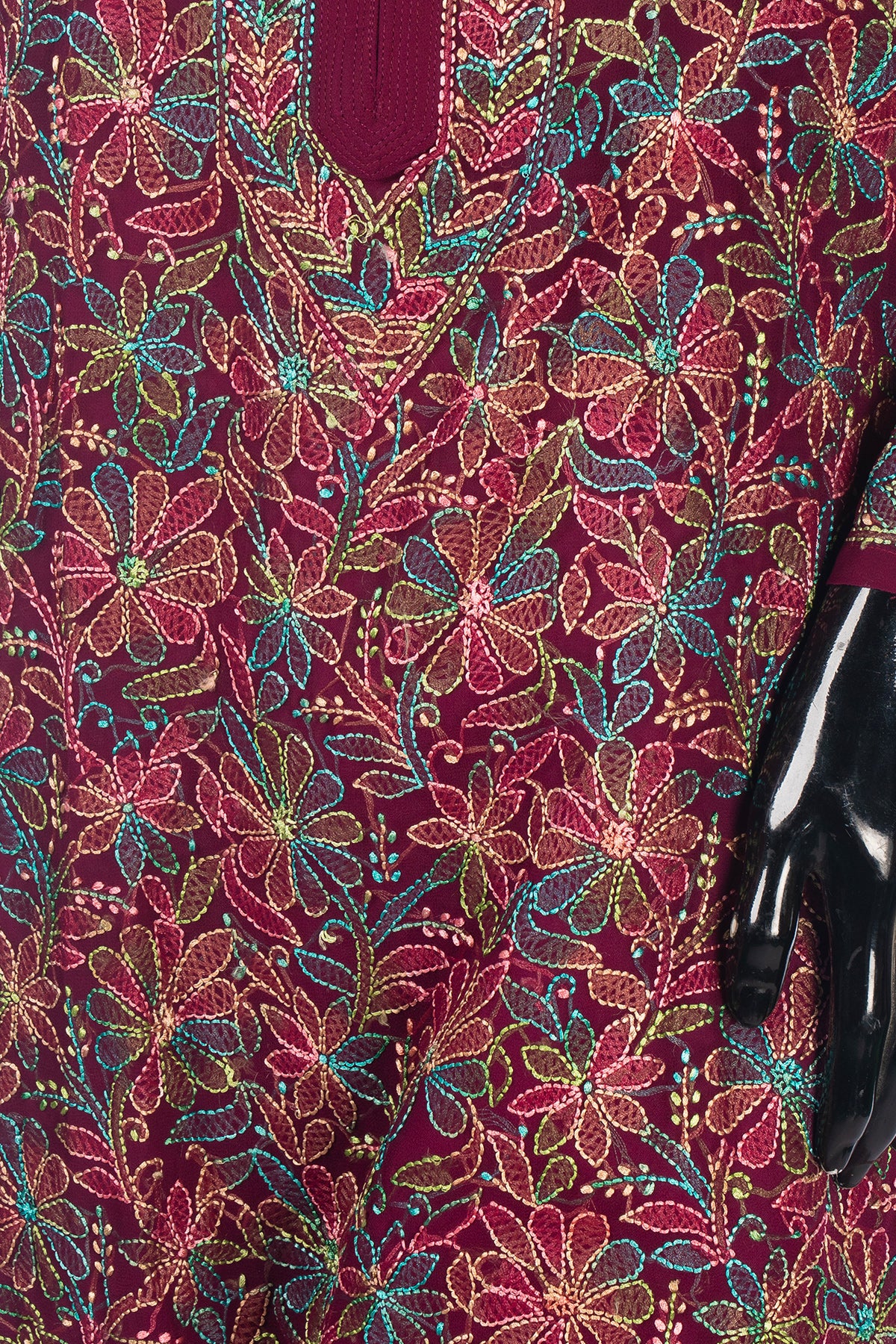 Silakaari Pure Georgette Maroon-Multi Lucknowi Premium Long Kurti Slip With Palazzo Set