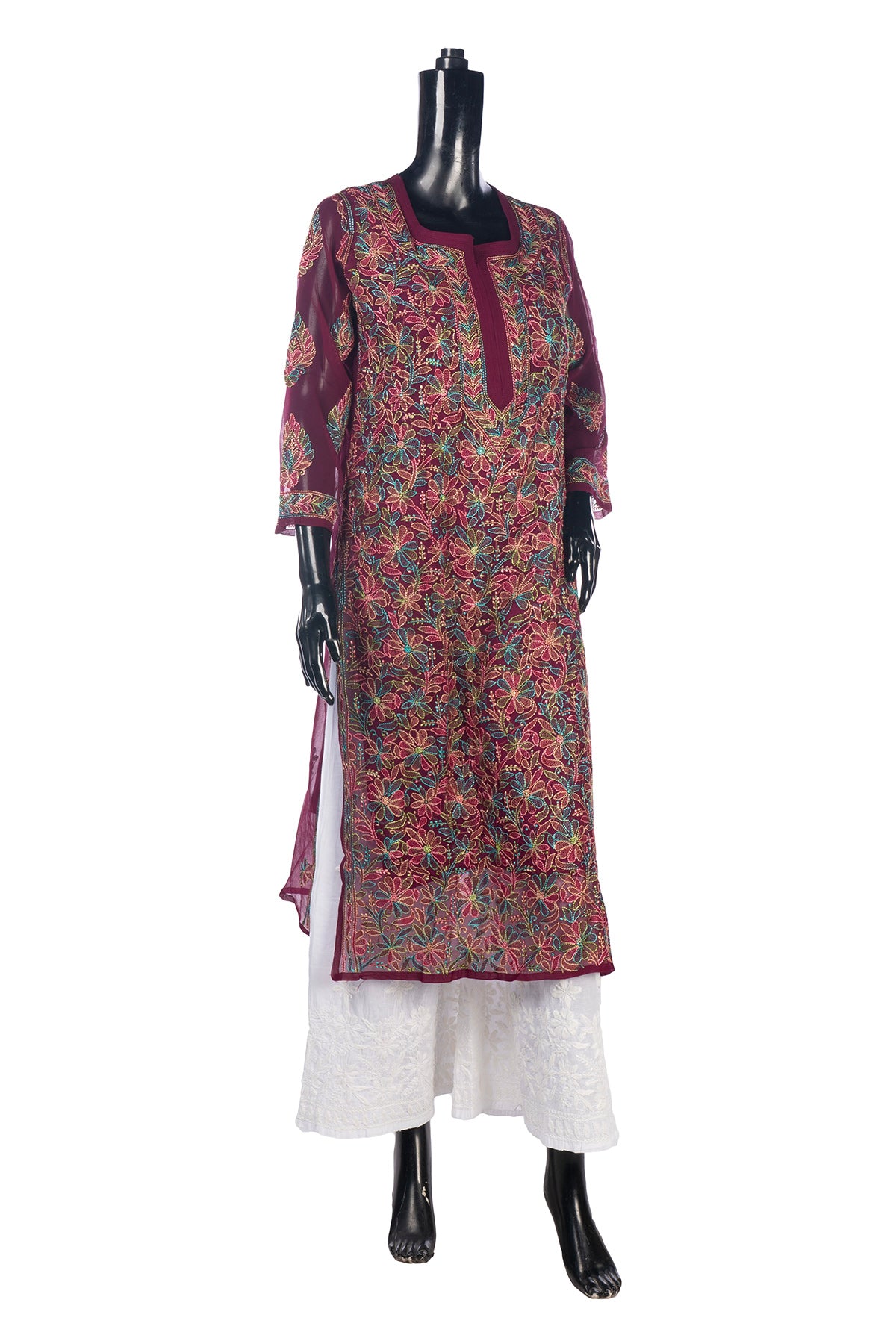 Silakaari Pure Georgette Maroon-Multi Lucknowi Premium Long Kurti Slip With Palazzo Set