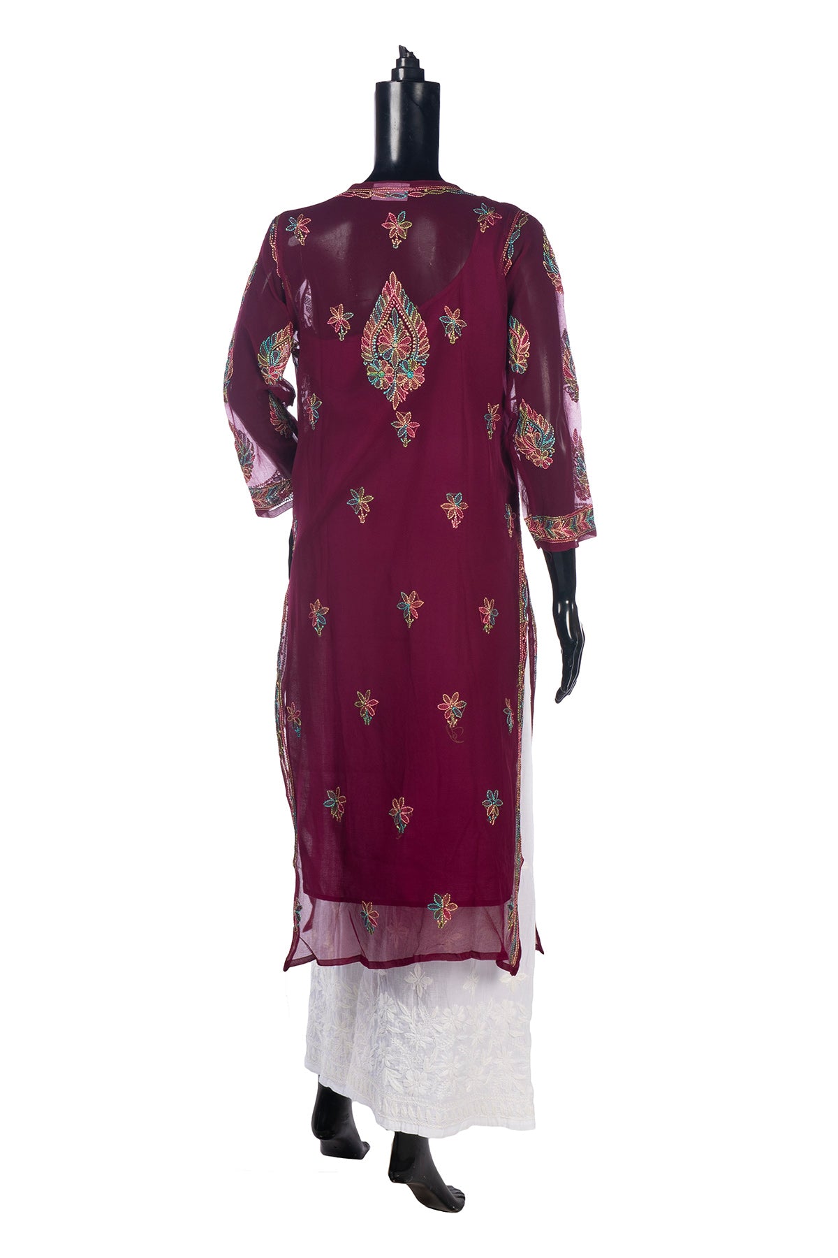 Silakaari Pure Georgette Maroon-Multi Lucknowi Premium Long Kurti Slip With Palazzo Set