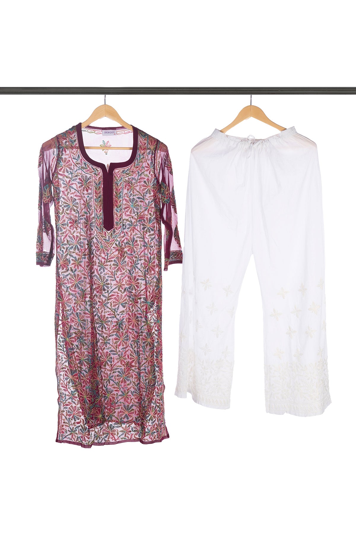 Silakaari Pure Georgette Maroon-Multi Lucknowi Premium Long Kurti Slip With Palazzo Set