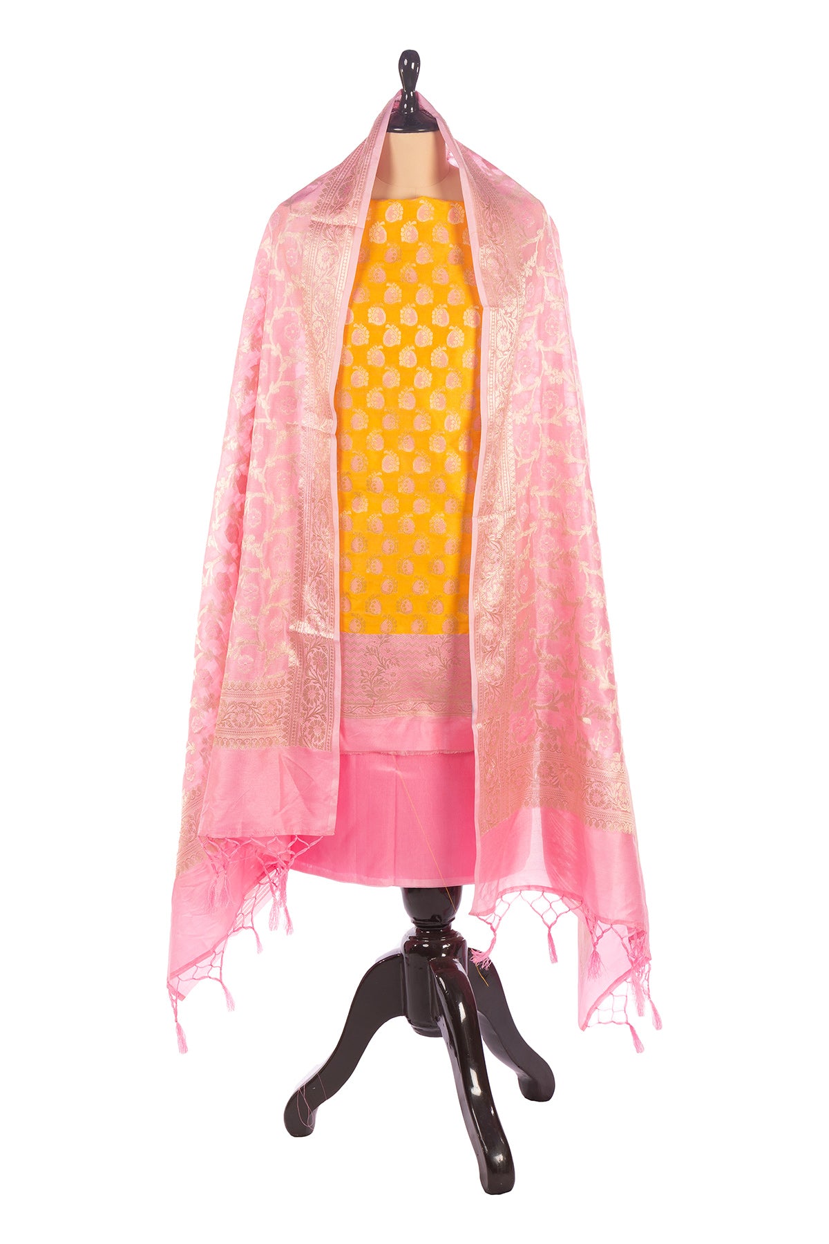 Silakaari Banarasi Zari Brocade Unstitched Suit Set Yellow-Pink With Banarasi Dupatta