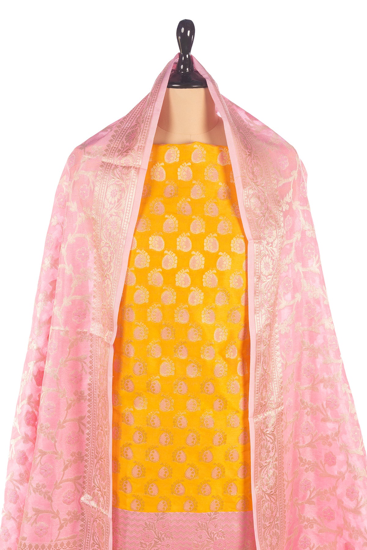 Silakaari Banarasi Zari Brocade Unstitched Suit Set Yellow-Pink With Banarasi Dupatta