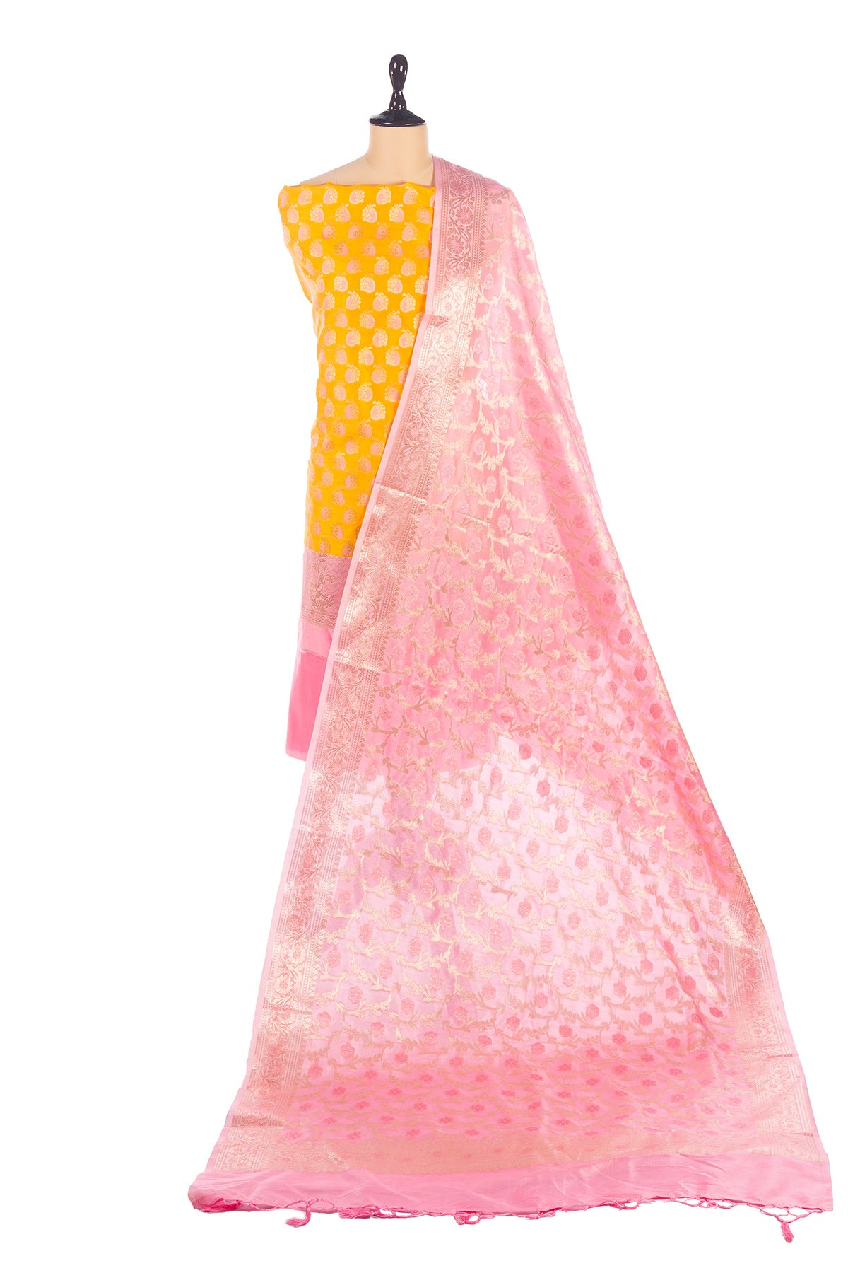 Silakaari Banarasi Zari Brocade Unstitched Suit Set Yellow-Pink With Banarasi Dupatta