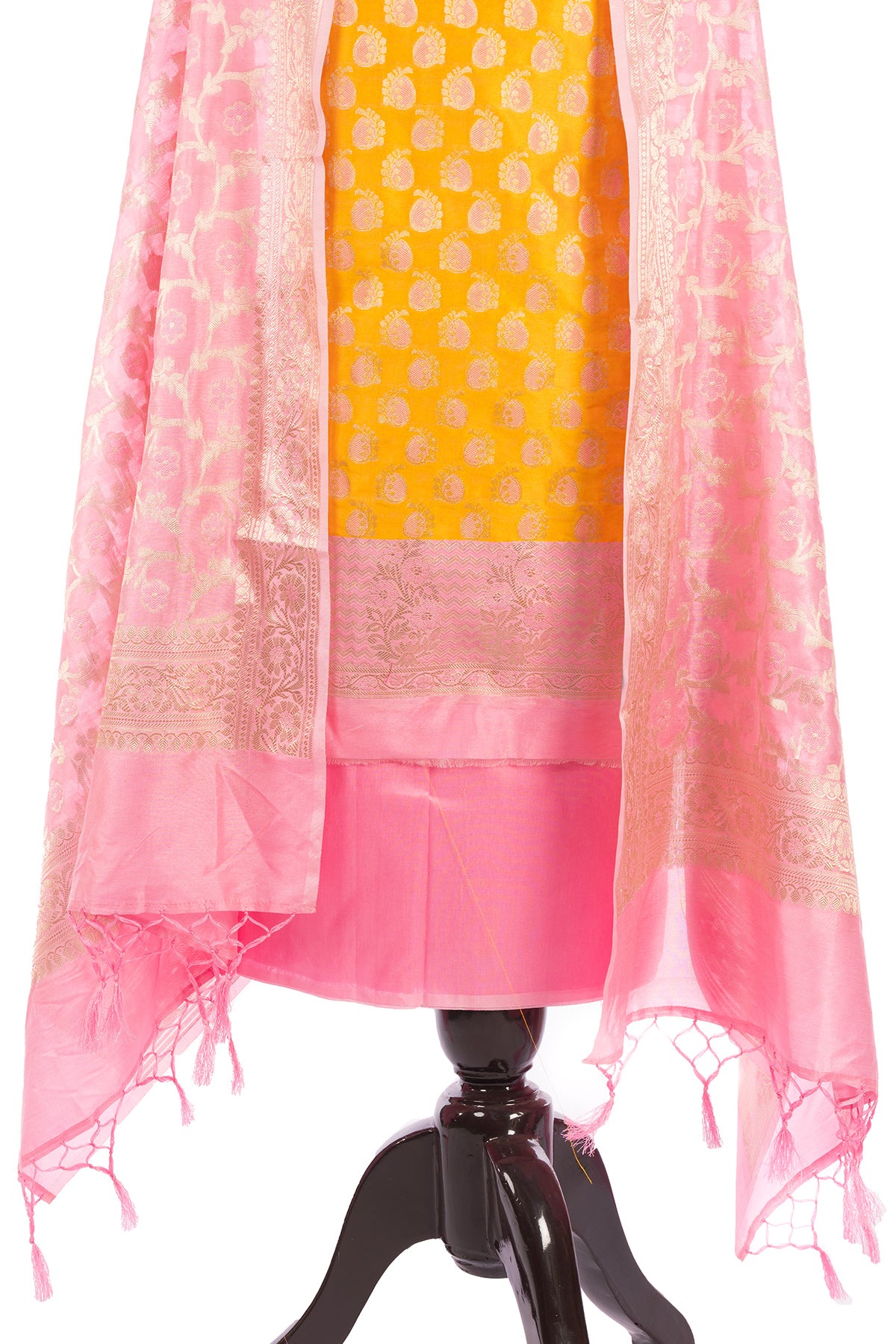 Silakaari Banarasi Zari Brocade Unstitched Suit Set Yellow-Pink With Banarasi Dupatta