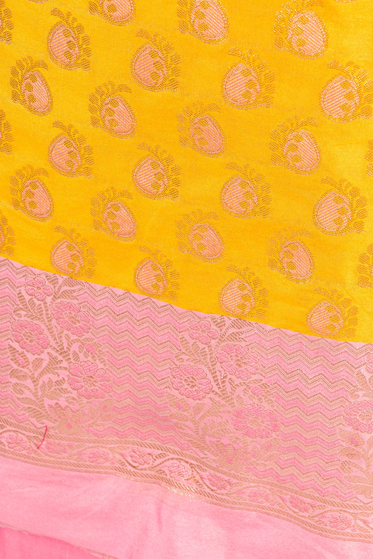 Silakaari Banarasi Zari Brocade Unstitched Suit Set Yellow-Pink With Banarasi Dupatta