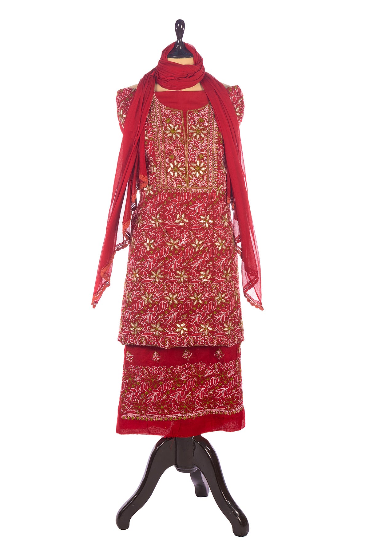 Silakaari Dulhan Gota Patti Maroon Full Jaal Premium Lucknowi Dress Material With Dupatta