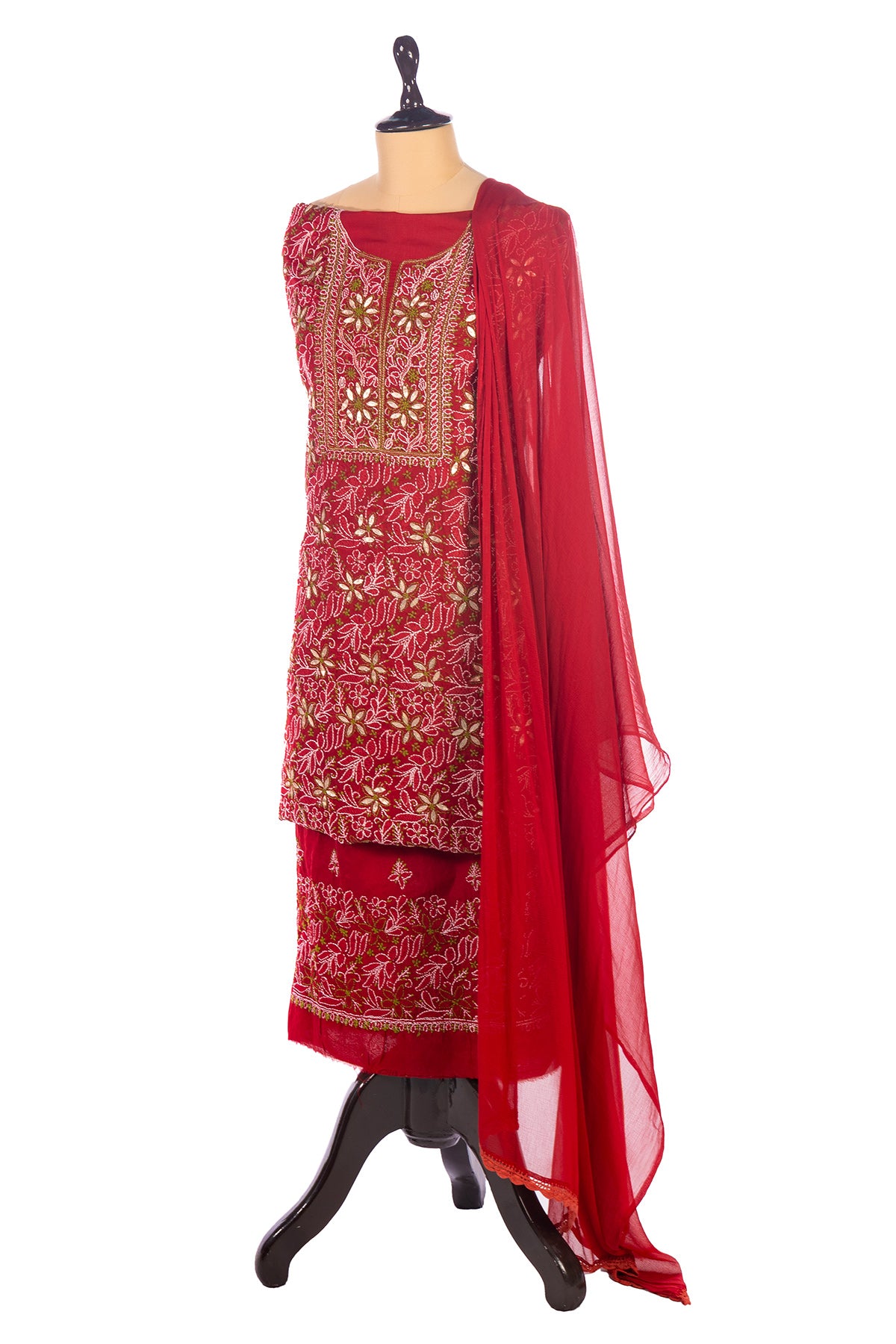 Silakaari Dulhan Gota Patti Maroon Full Jaal Premium Lucknowi Dress Material With Dupatta