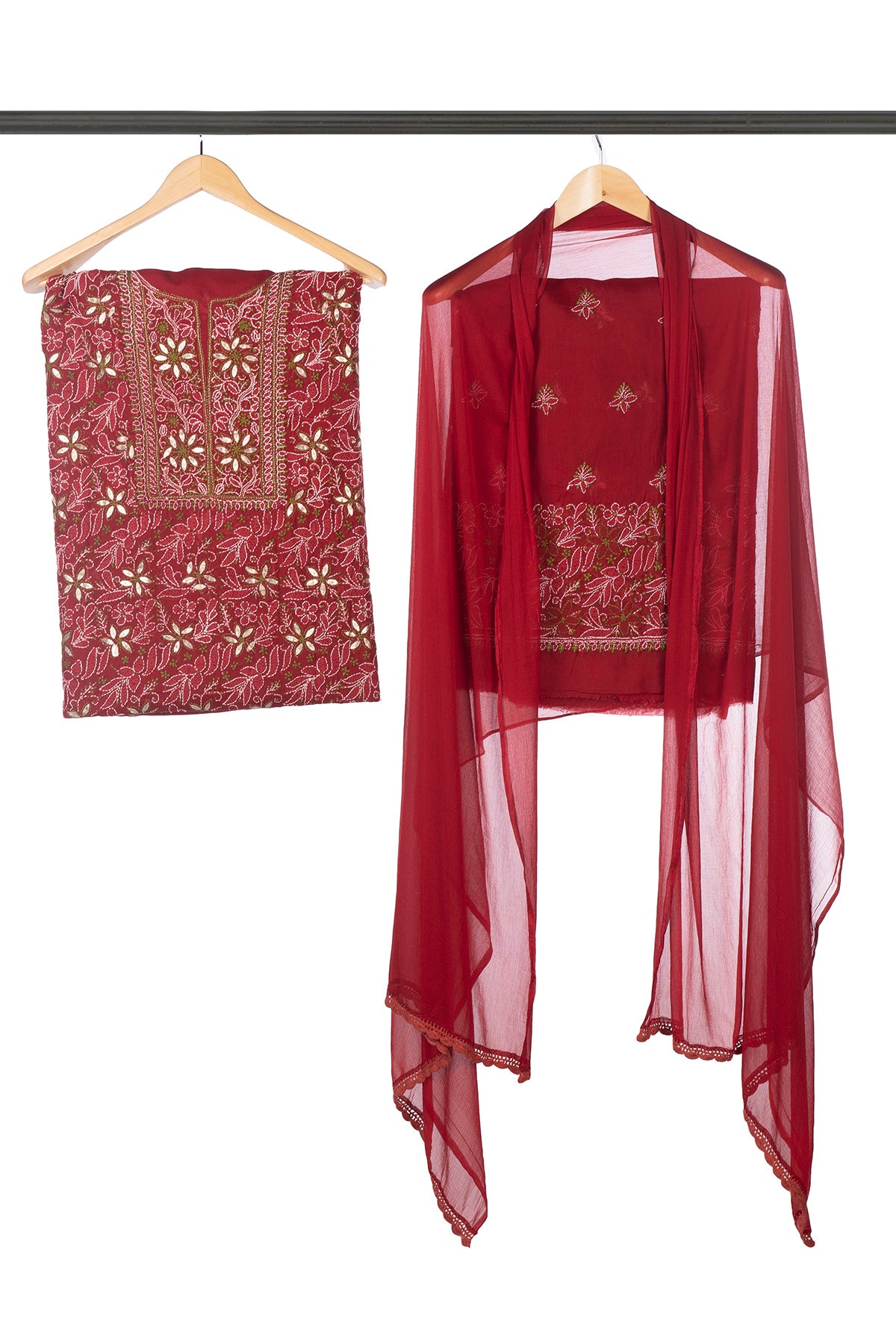 Silakaari Dulhan Gota Patti Maroon Full Jaal Premium Lucknowi Dress Material With Dupatta