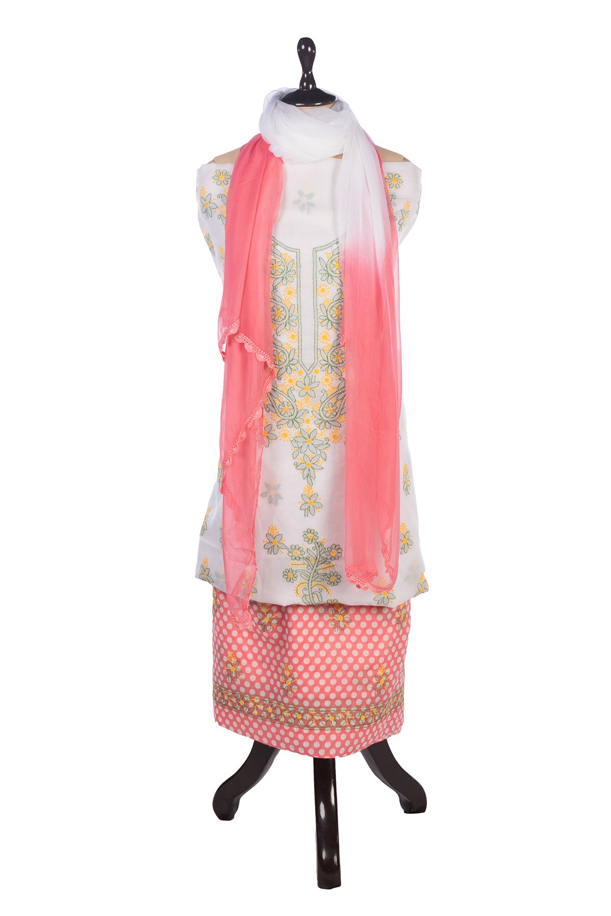 Silakaari Gulabi Polka Dot Pure Cotton Premium Lucknowi Dress Material With Dupatta