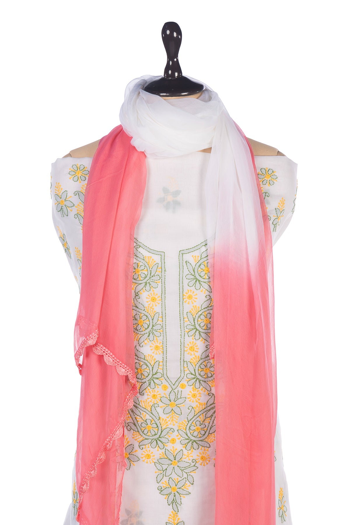 Silakaari Gulabi Polka Dot Pure Cotton Premium Lucknowi Dress Material With Dupatta