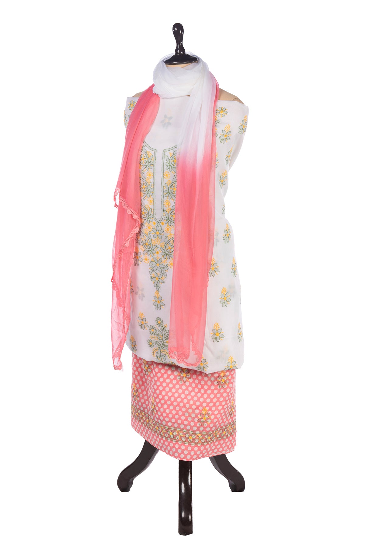 Silakaari Gulabi Polka Dot Pure Cotton Premium Lucknowi Dress Material With Dupatta