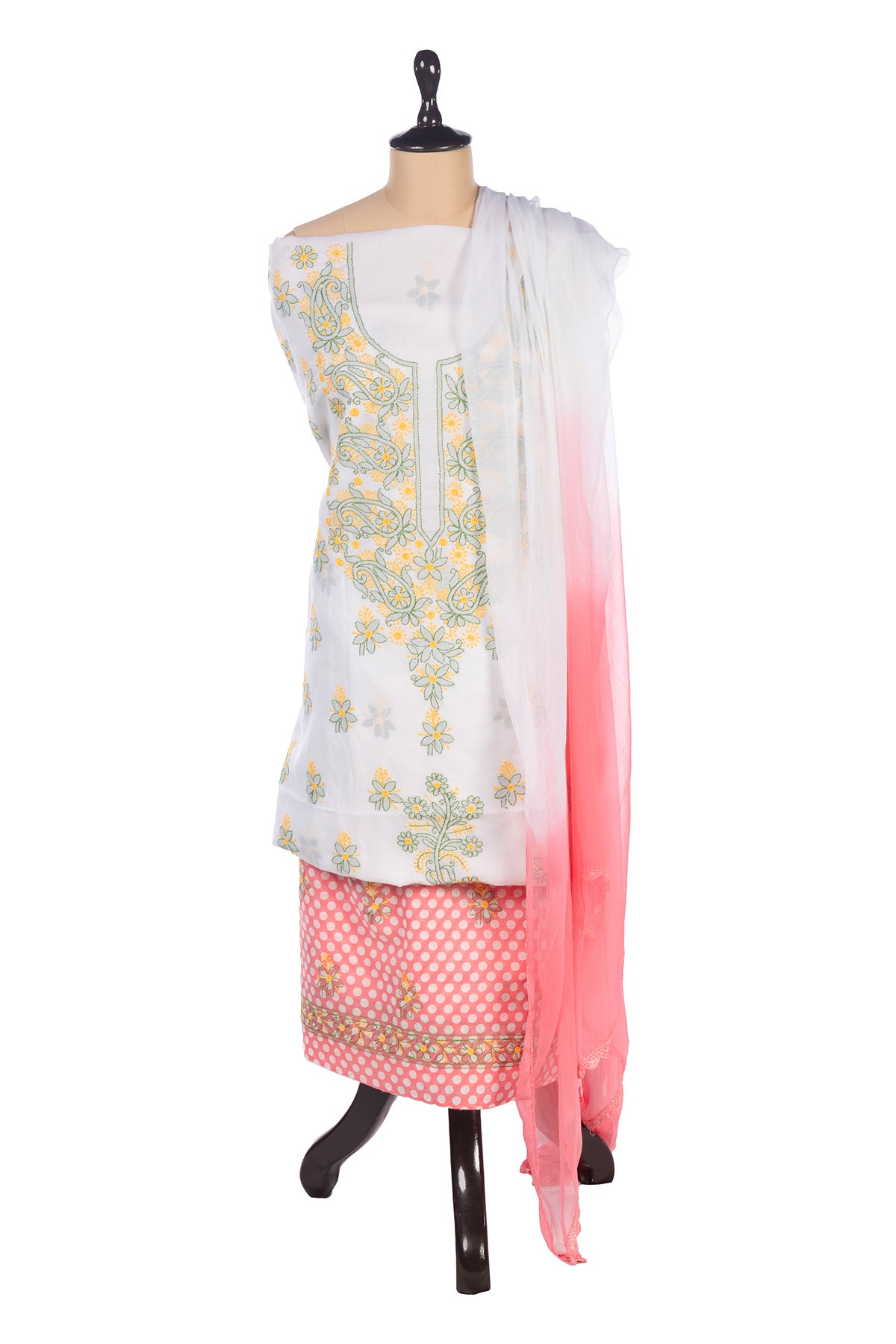 Silakaari Gulabi Polka Dot Pure Cotton Premium Lucknowi Dress Material With Dupatta