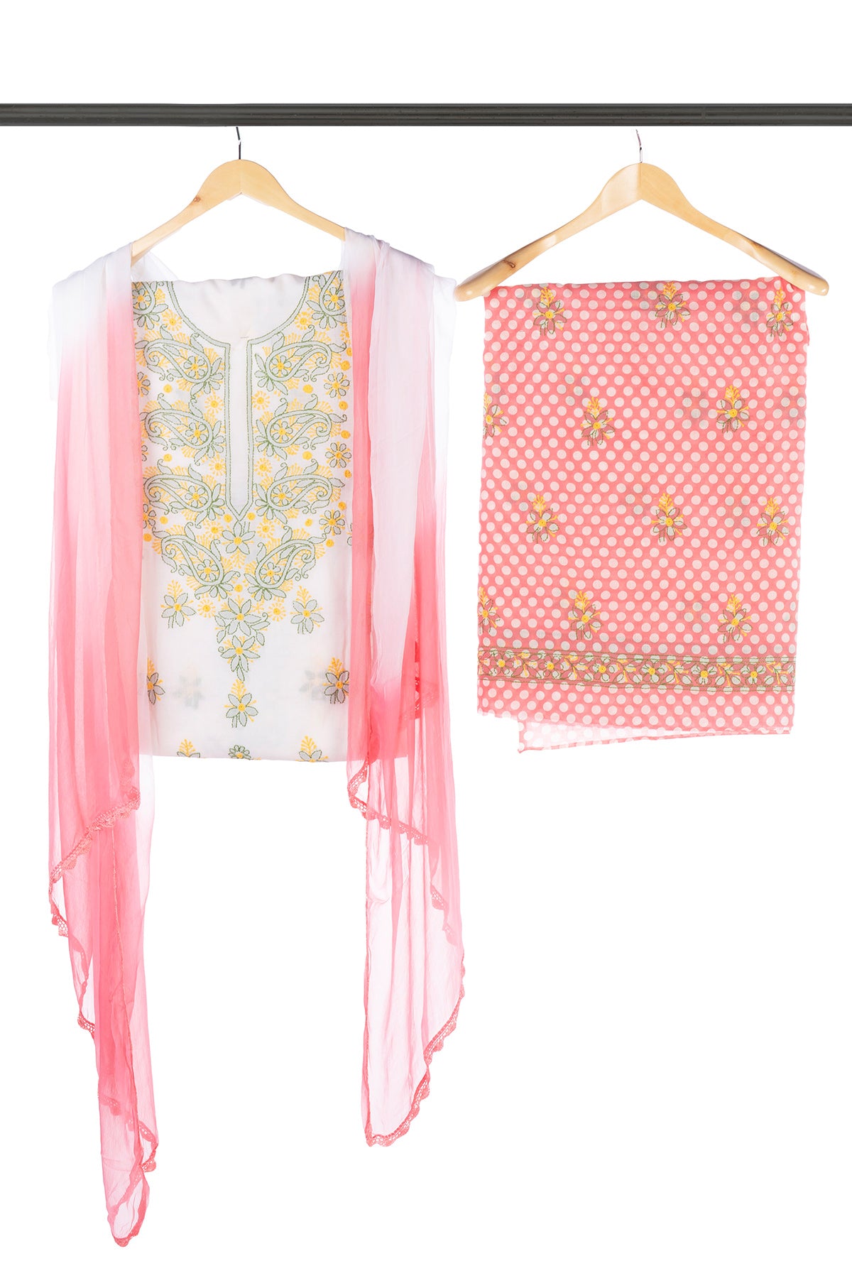 Silakaari Gulabi Polka Dot Pure Cotton Premium Lucknowi Dress Material With Dupatta