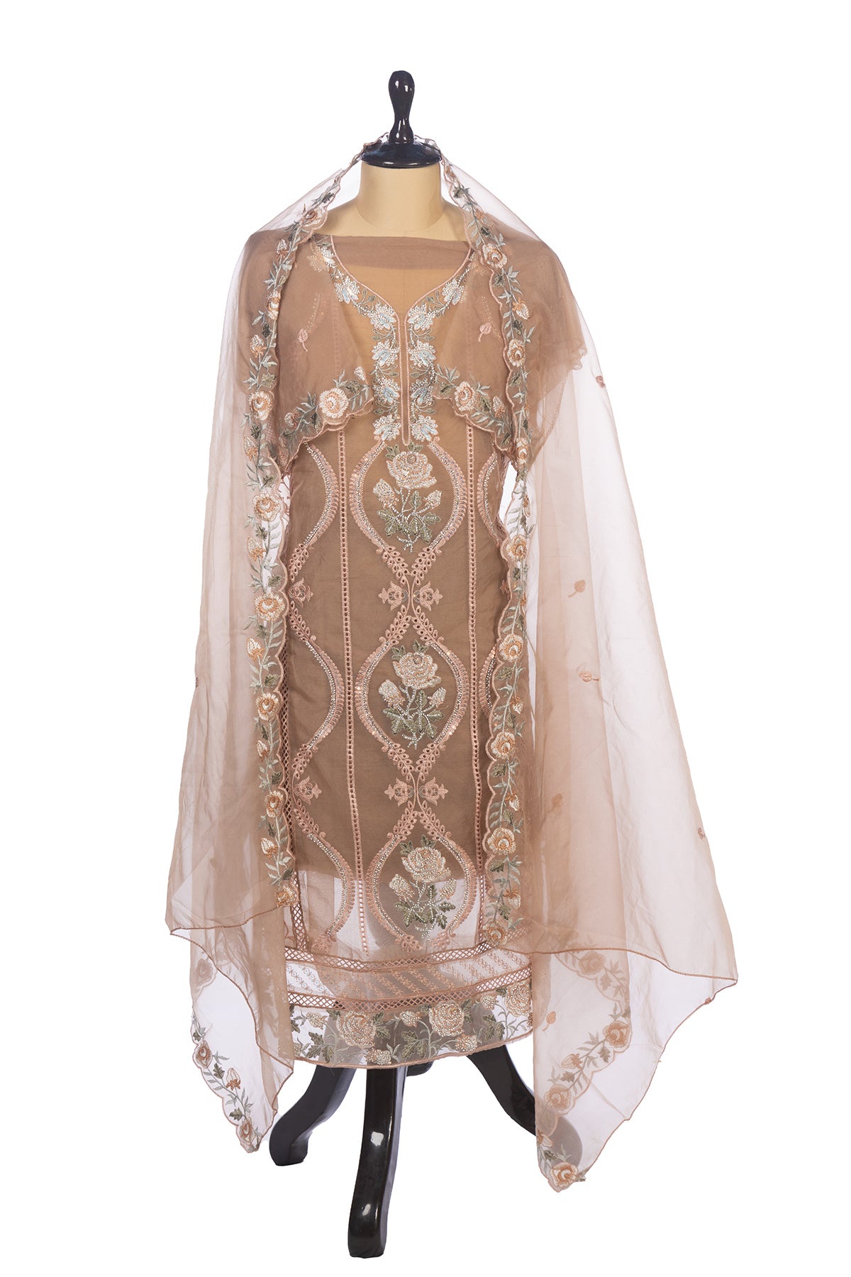 Silakaari Alfaaz Brown Pure Organza Heavy Dimond Embroidery Unstitched Suits