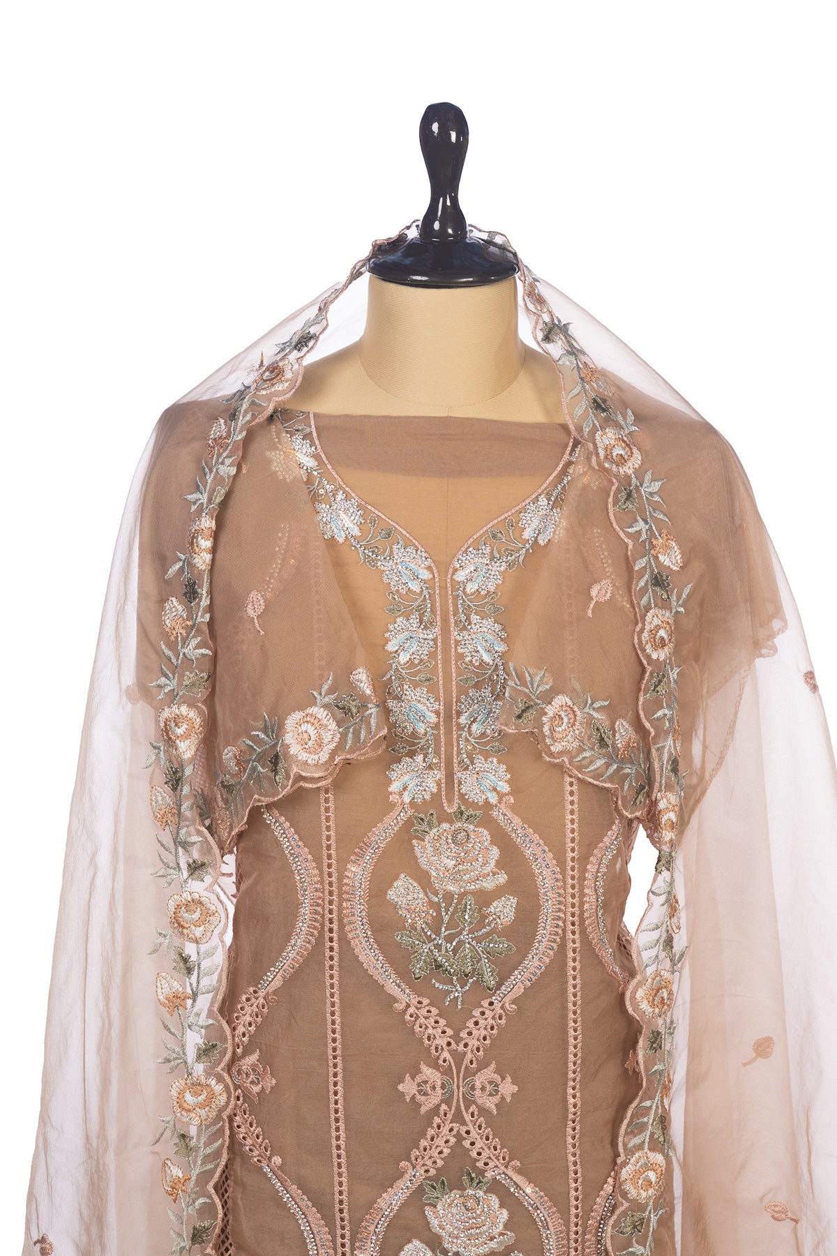 Silakaari Alfaaz Brown Pure Organza Heavy Dimond Embroidery Unstitched Suits