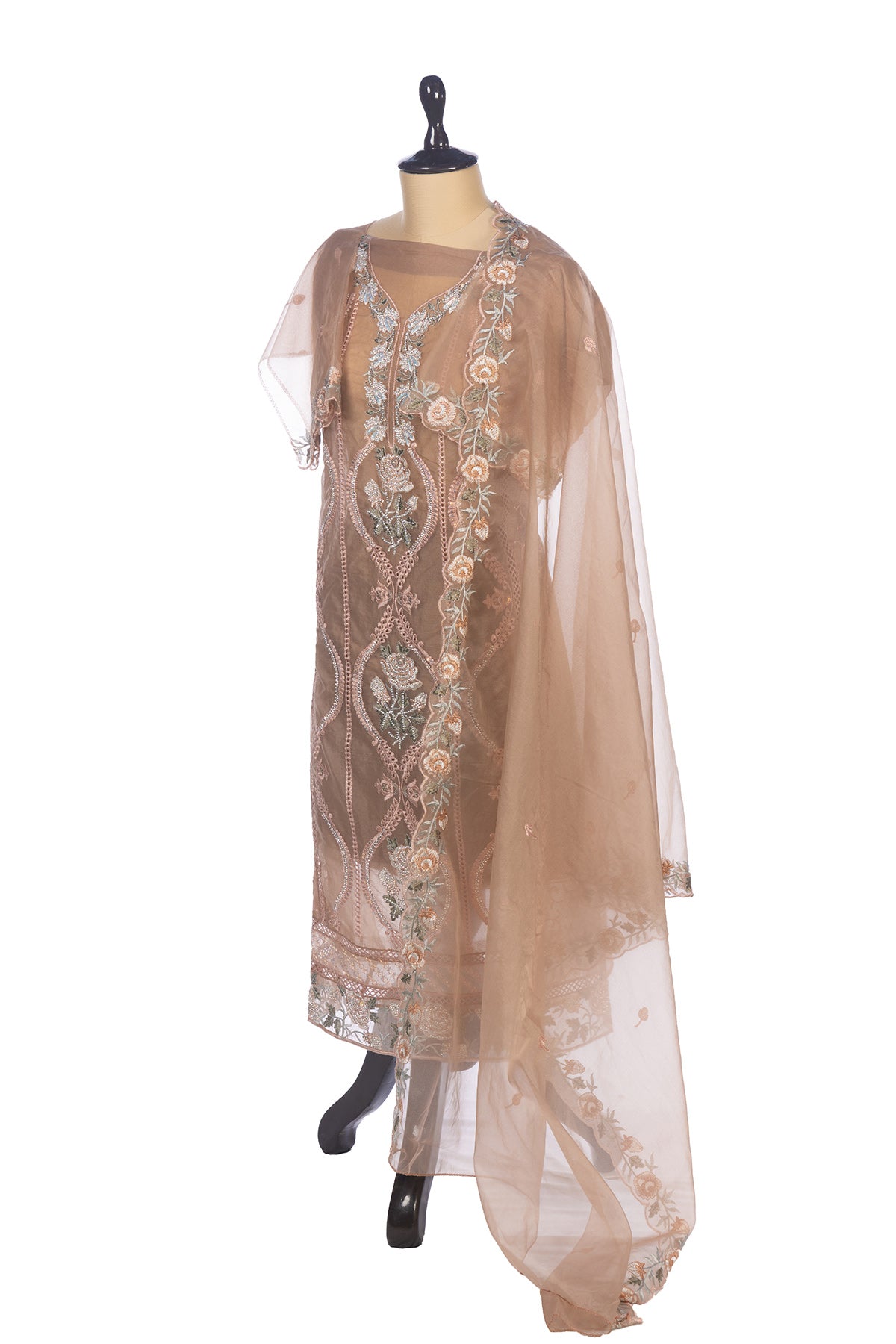 Silakaari Alfaaz Brown Pure Organza Heavy Dimond Embroidery Unstitched  Suits
